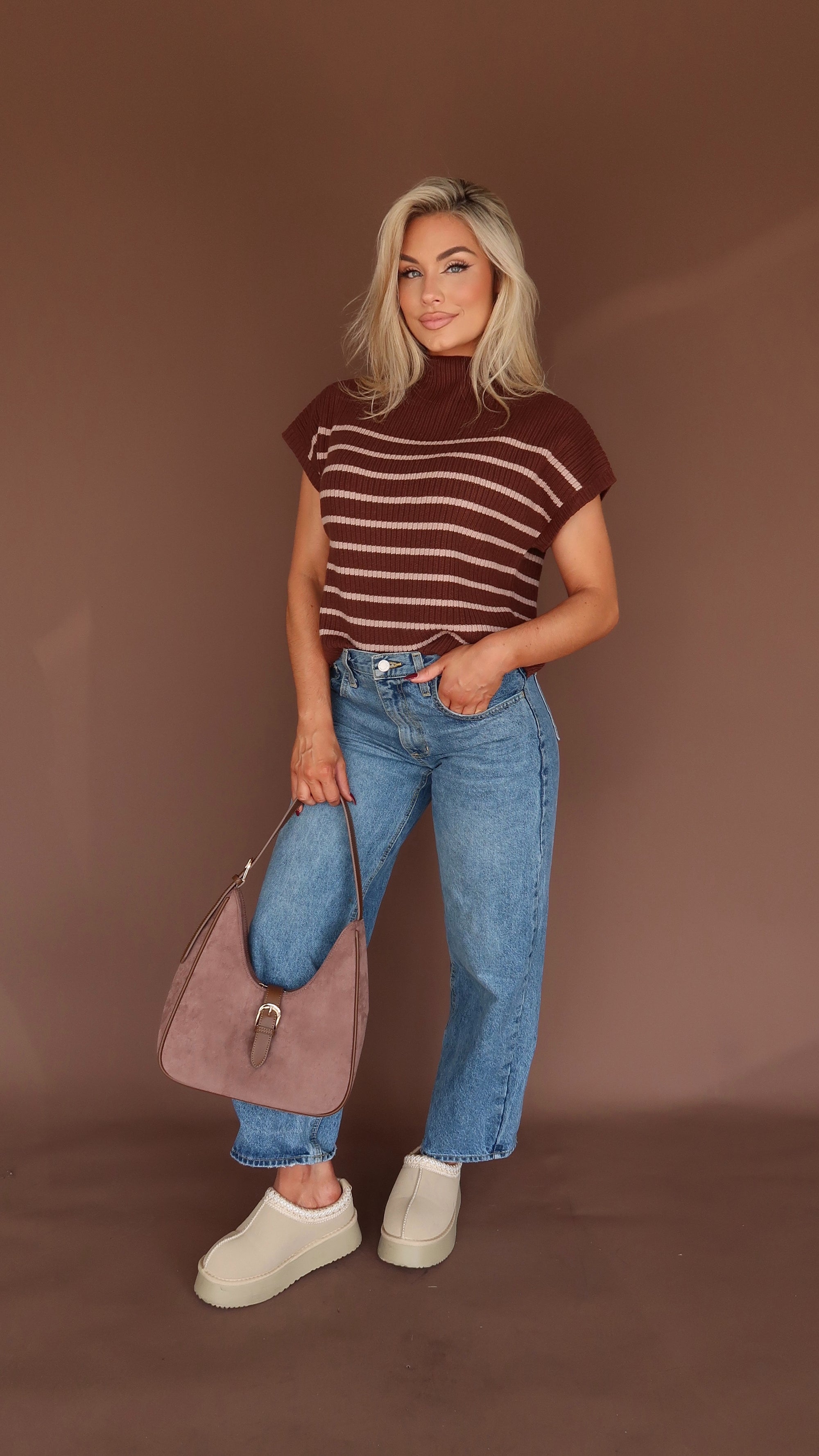 BELLIE STRIPED MOCK NECK SWEATER TOP BROWN