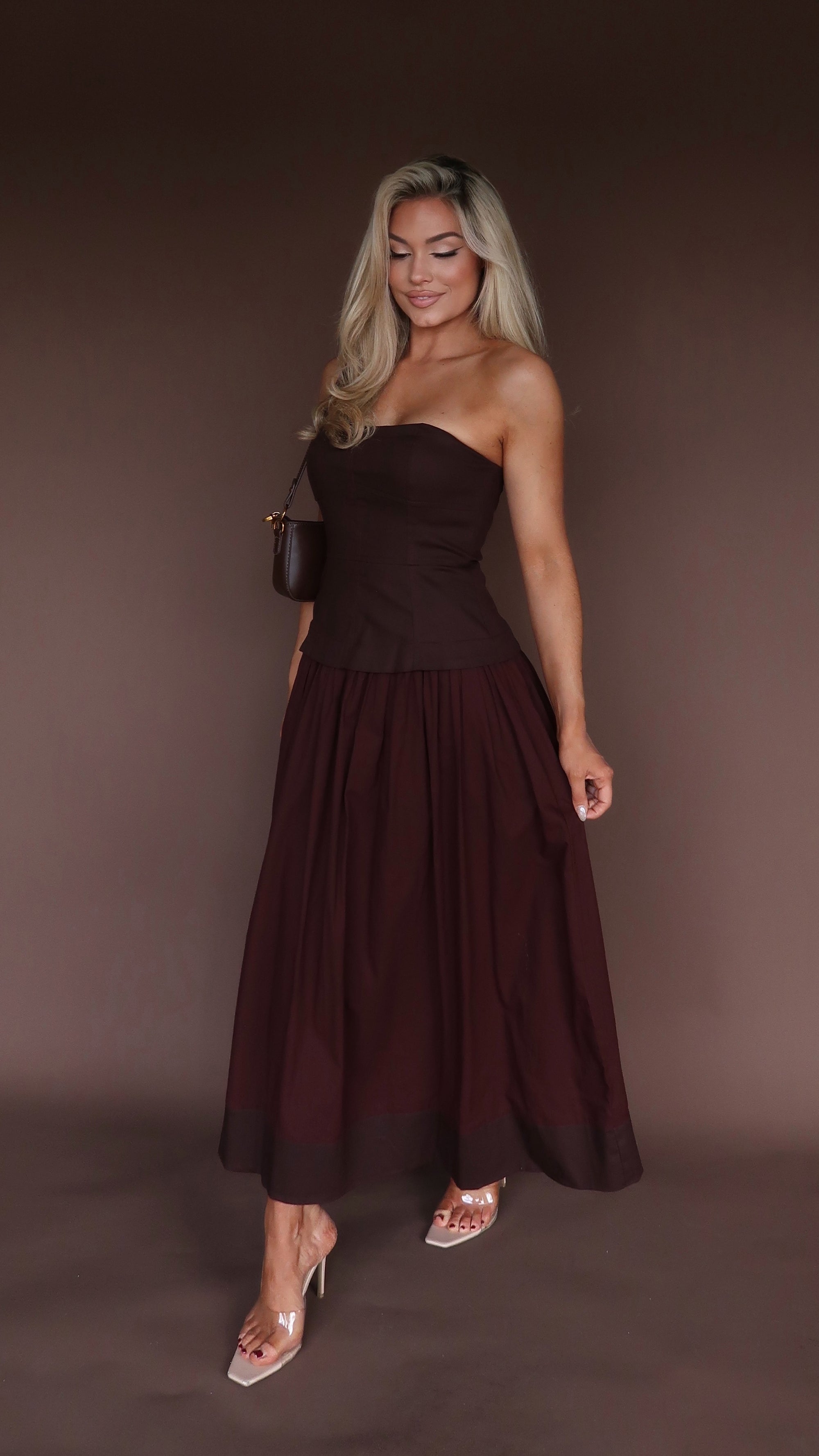ELARA STRAPLESS MIDI DRESS CHOCOLATE