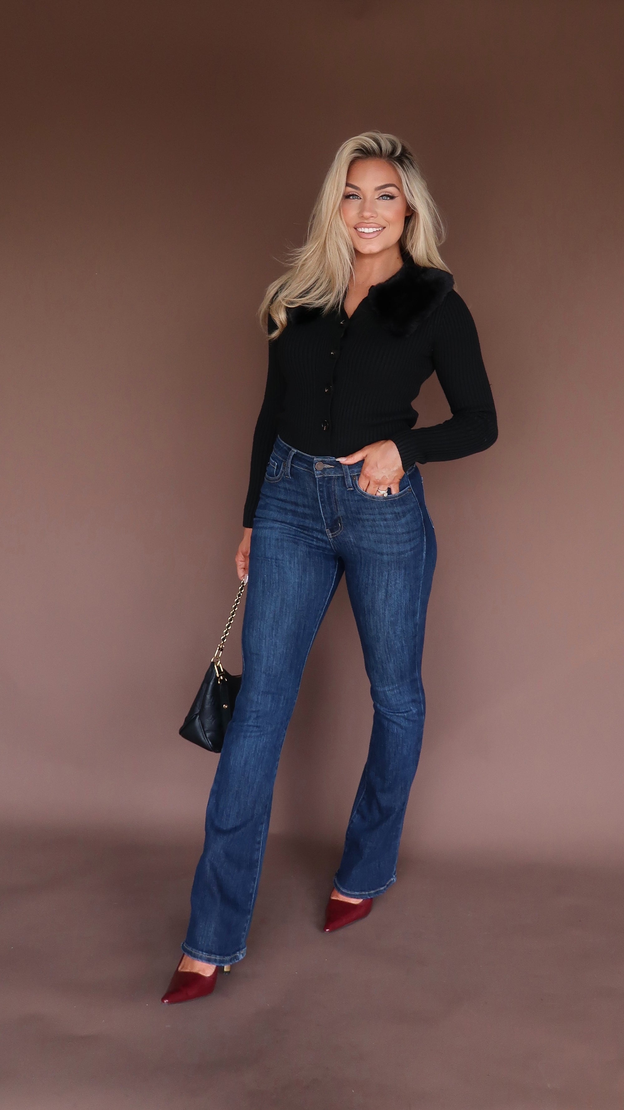 BOMBSHELL FUR TRIM CARDIGAN BLACK
