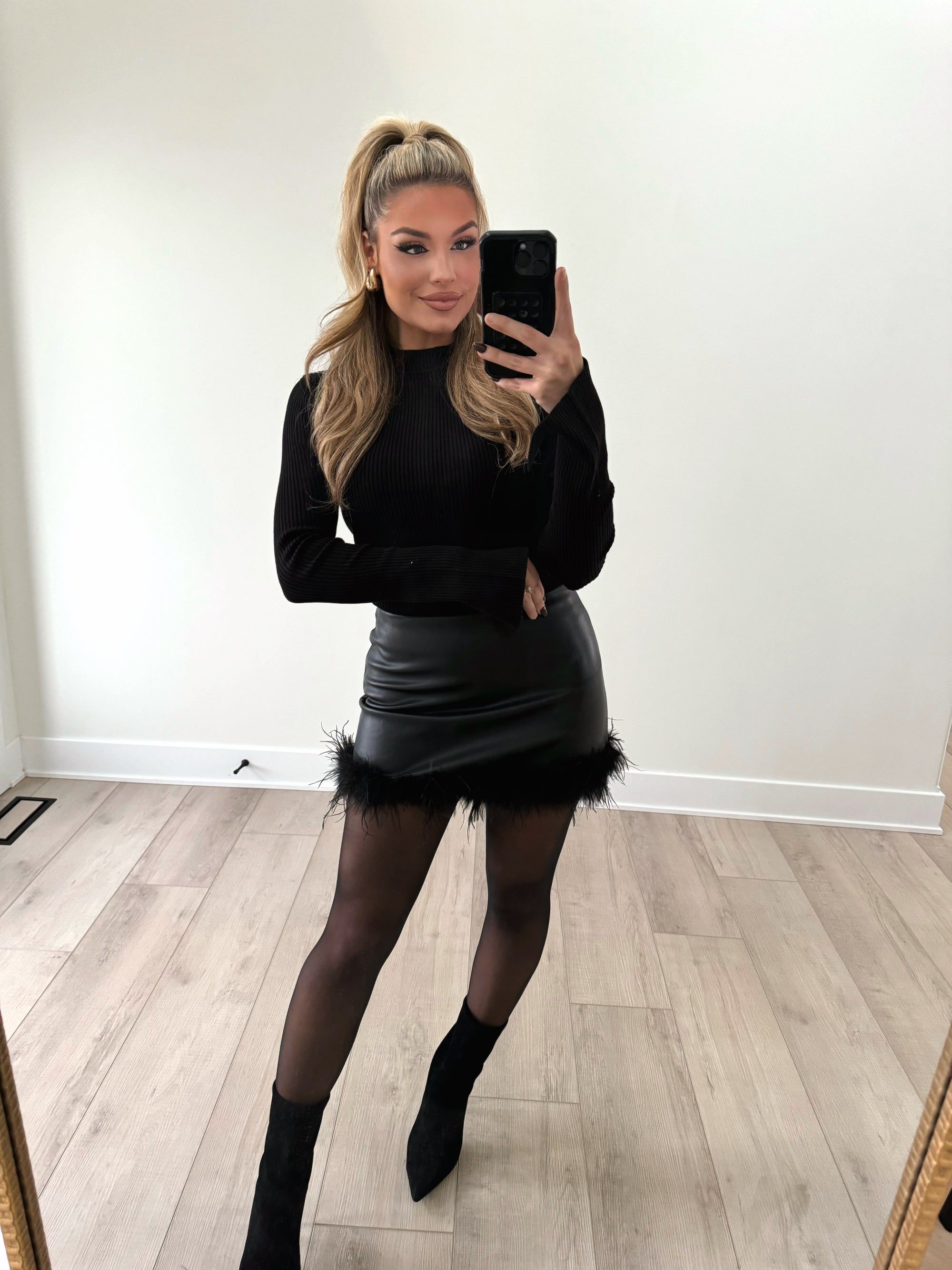 IRIS FAUX LEATHER FEATHER TRIM MINI SKIRT BLACK