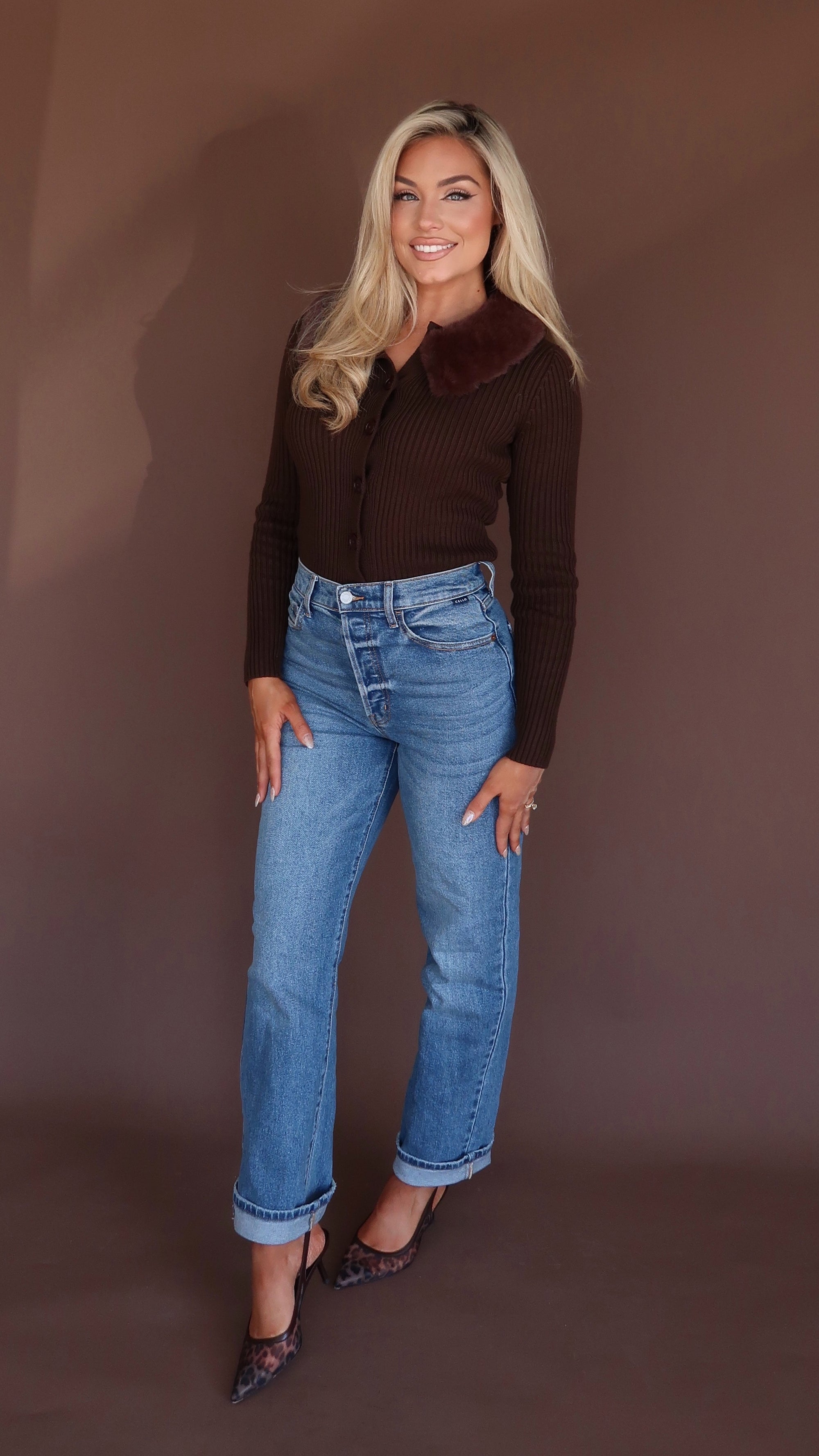 BOMBSHELL FUR TRIM CARDIGAN CHOCLATE