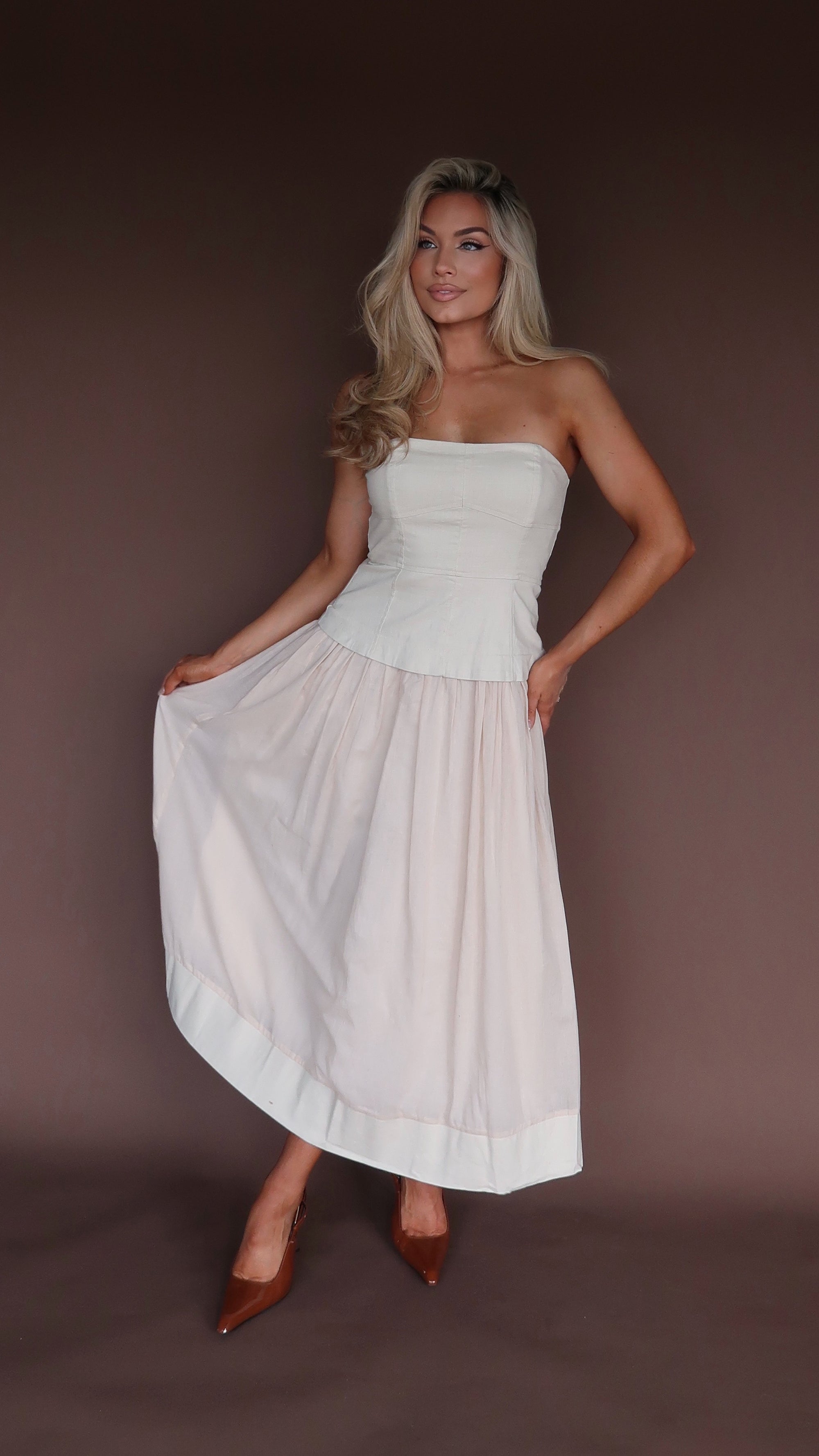 ELARA STRAPLESS MIDI DRESS ECRU