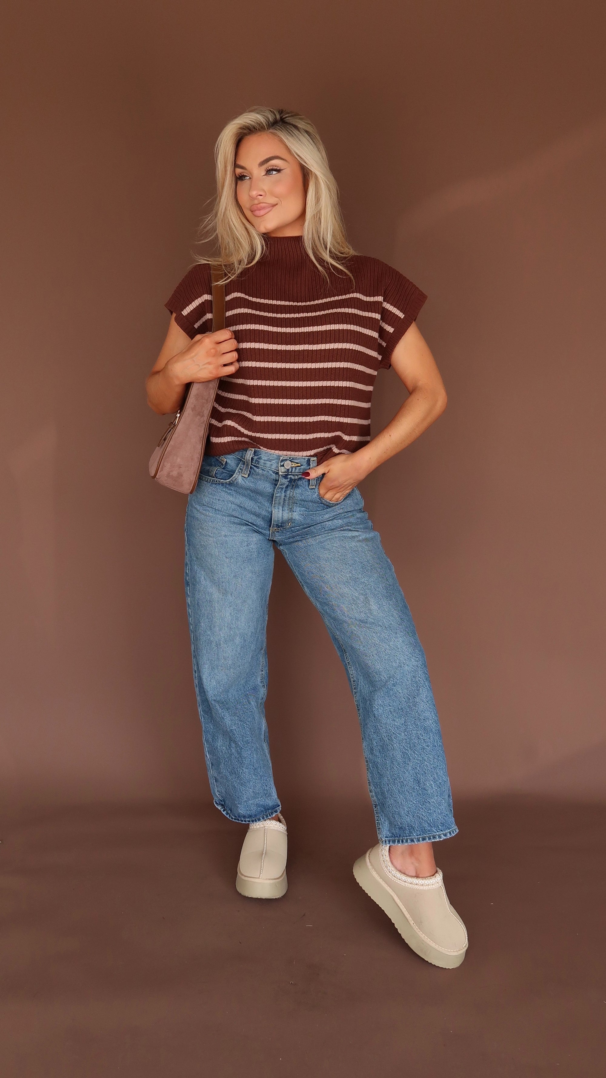 BELLIE STRIPED MOCK NECK SWEATER TOP BROWN