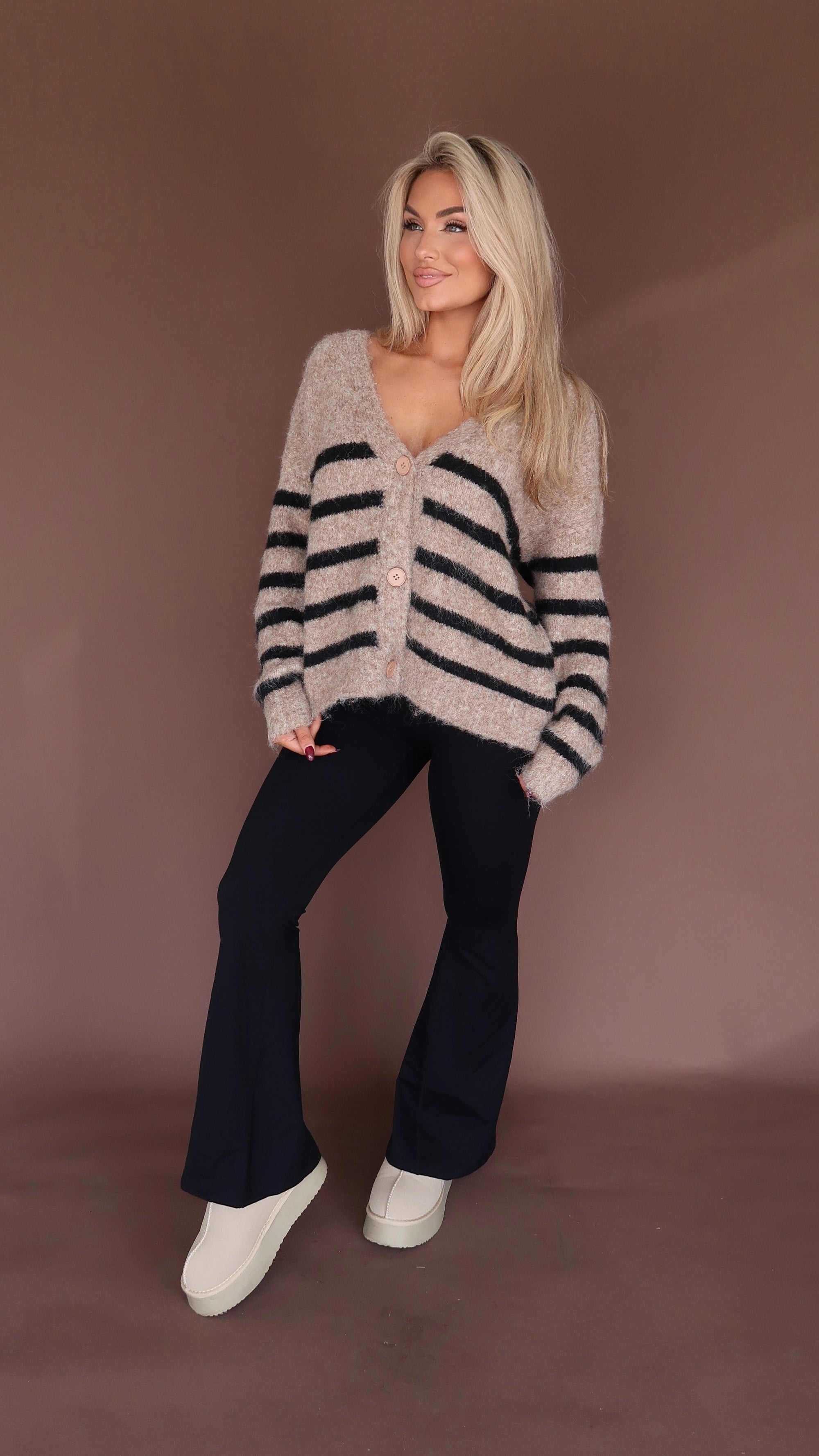 OAKLEY STRIPED CARDIGAN MOCHA/BLACK