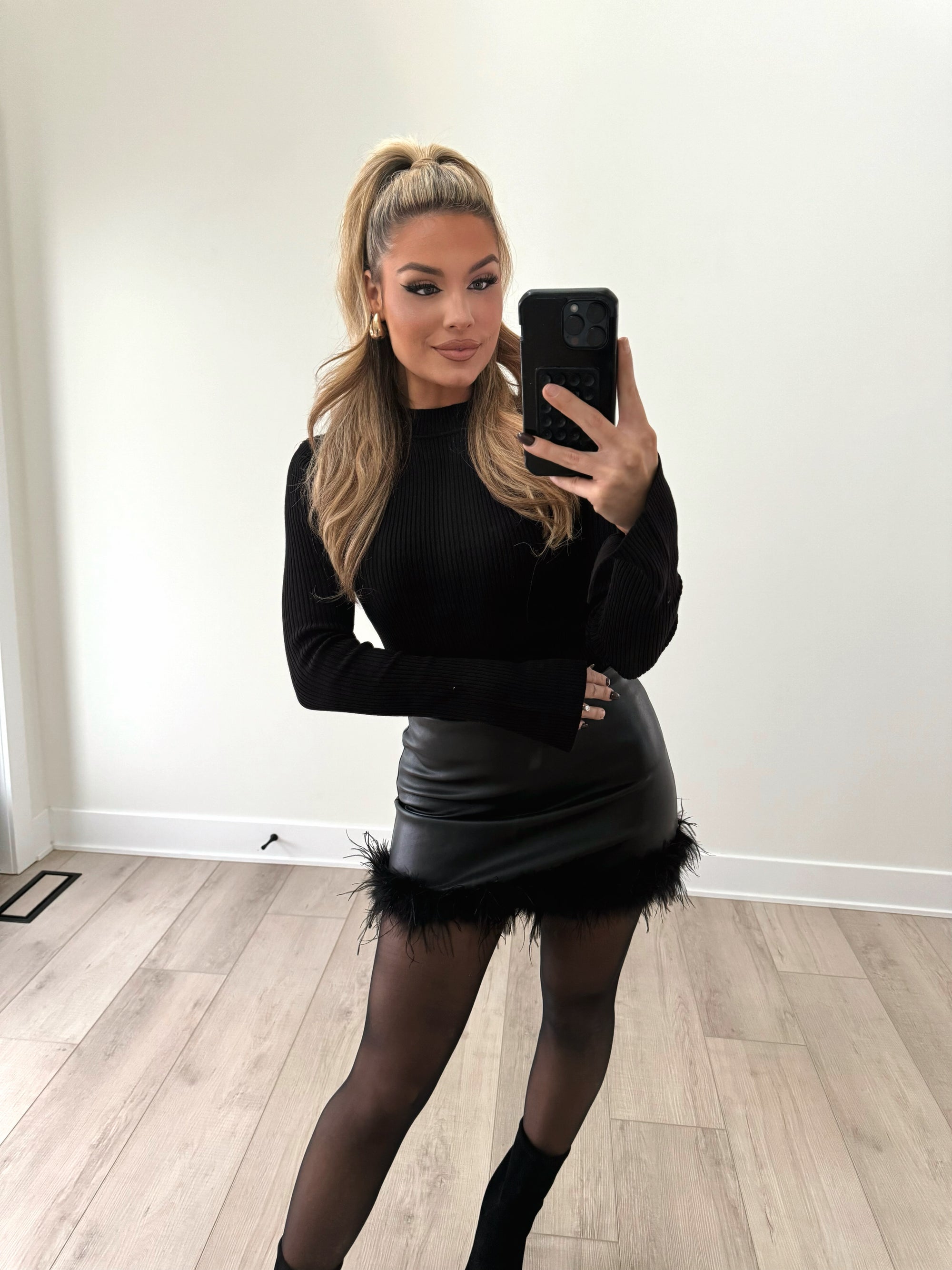IRIS FAUX LEATHER FEATHER TRIM MINI SKIRT BLACK
