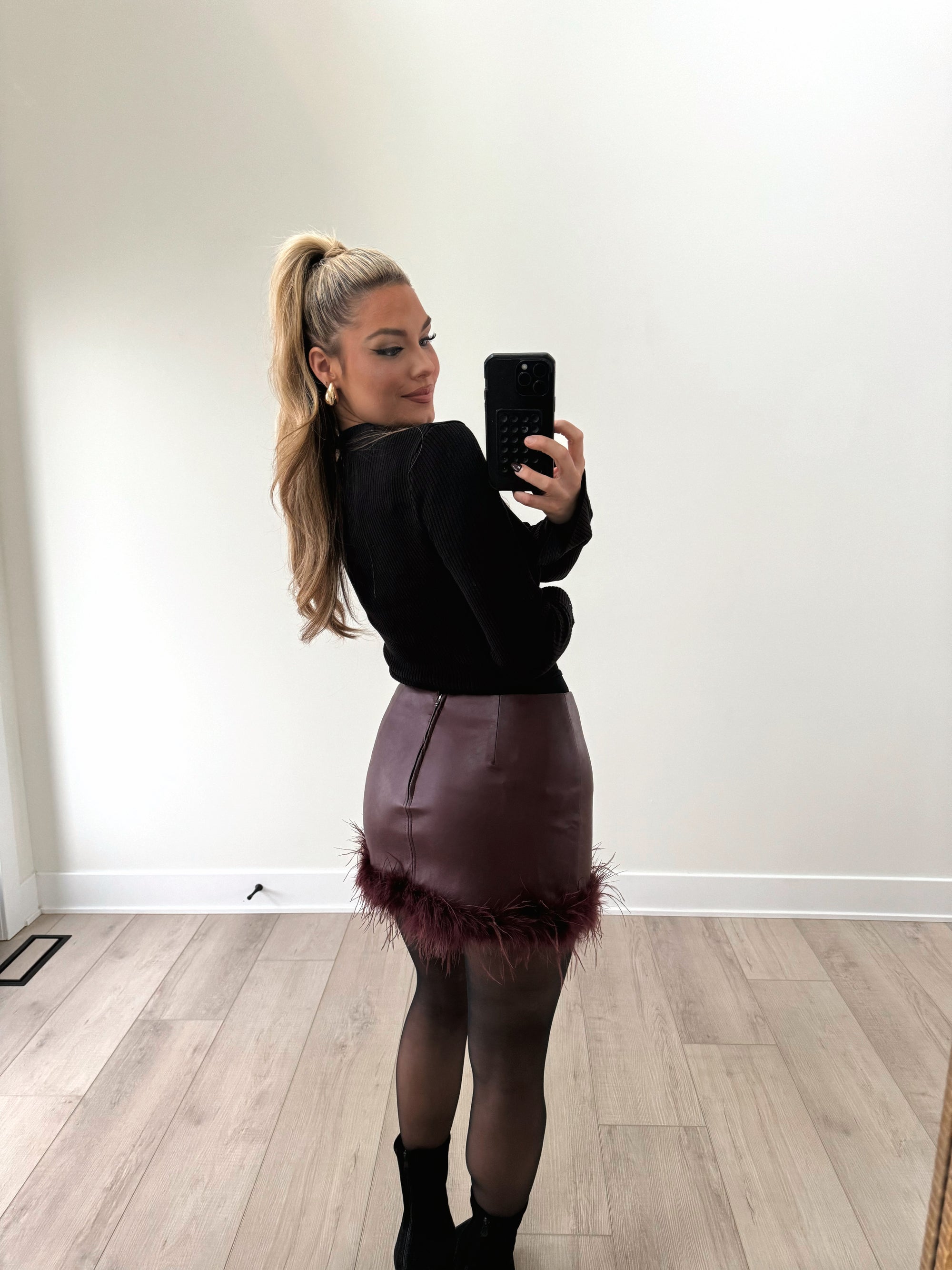 IRIS FAUX LEATHER FEATHER TRIM MINI SKIRT BLACK