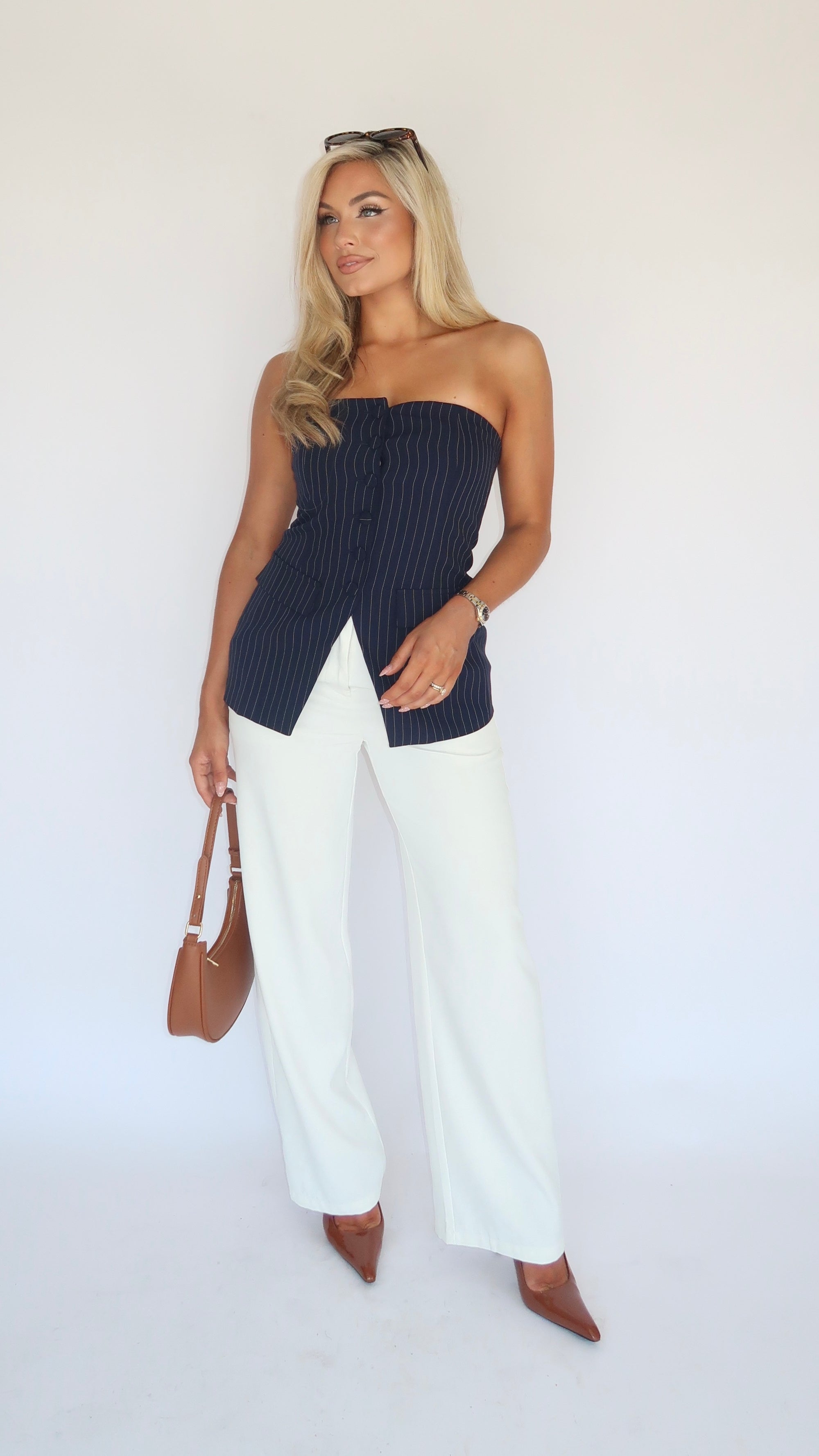 SEACREST STRAPLESS STRIPED TOP NAVY