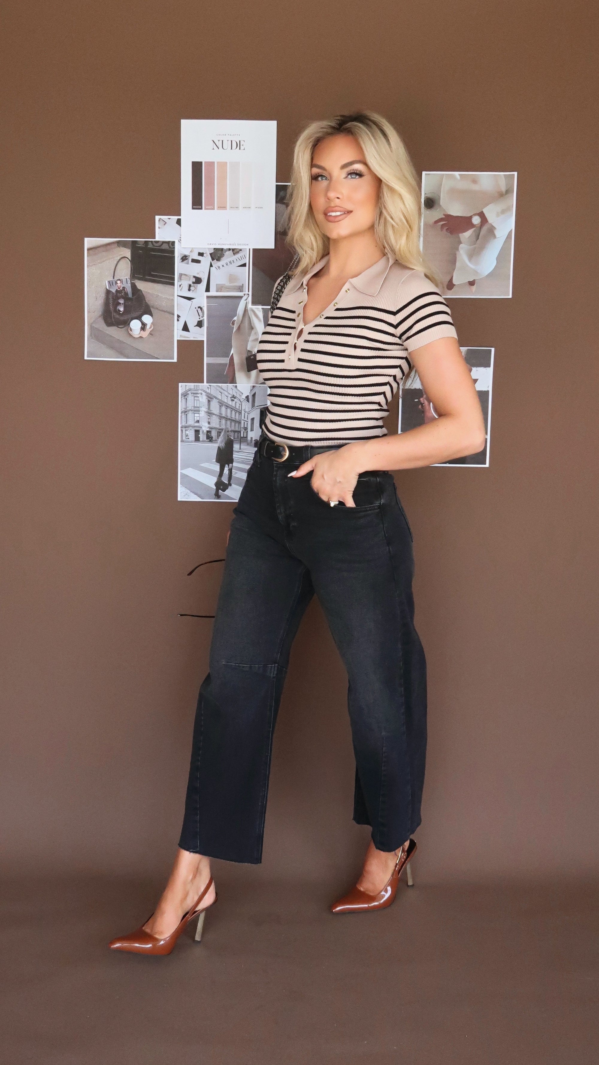 EXECUTIVE RIBBED STRIPED TOP MOCHA