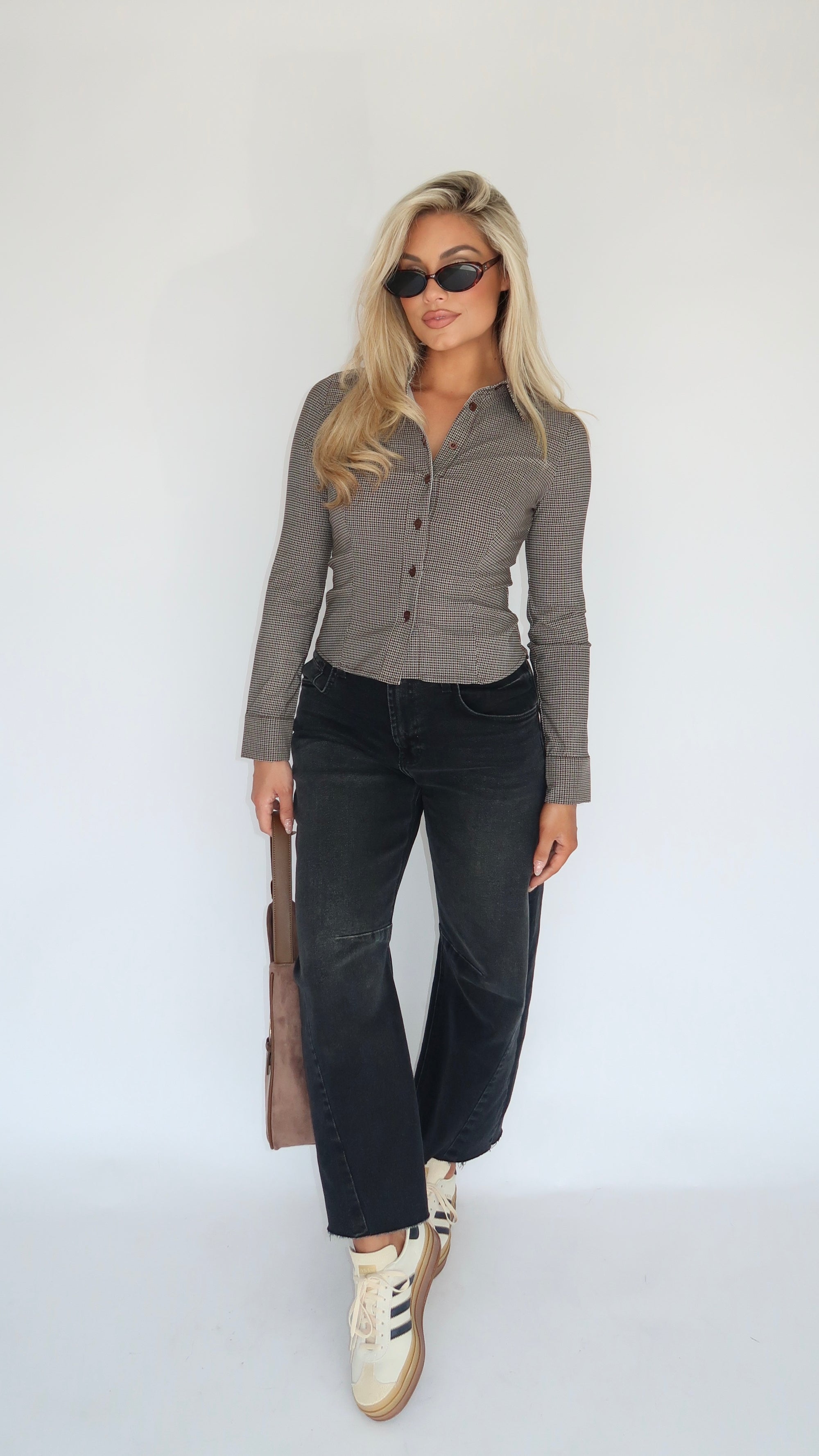 CLOVE PLAID BUTTON DOWN TOP BROWN
