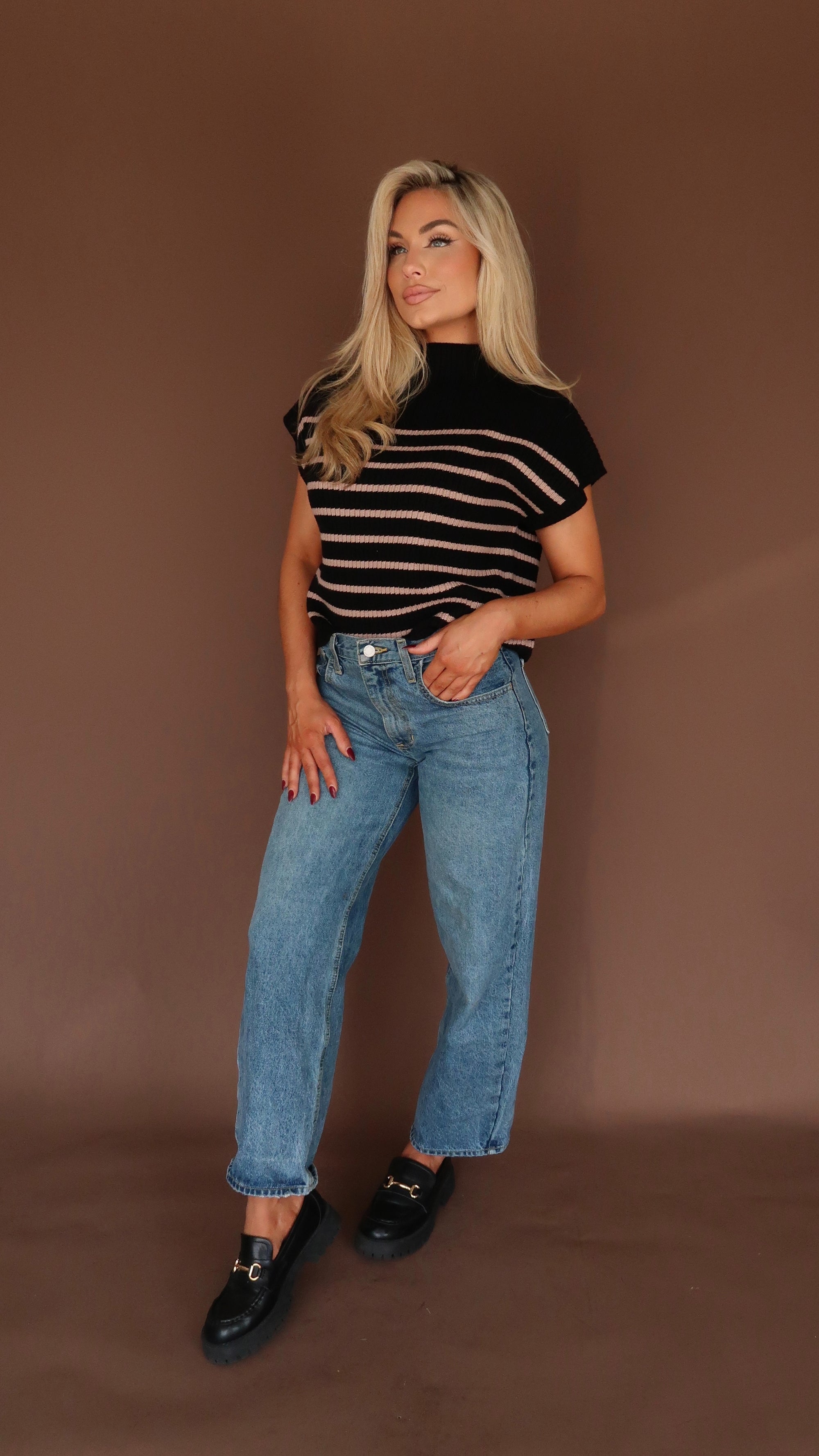 BELLIE STRIPED MOCK NECK SWEATER TOP BLACK