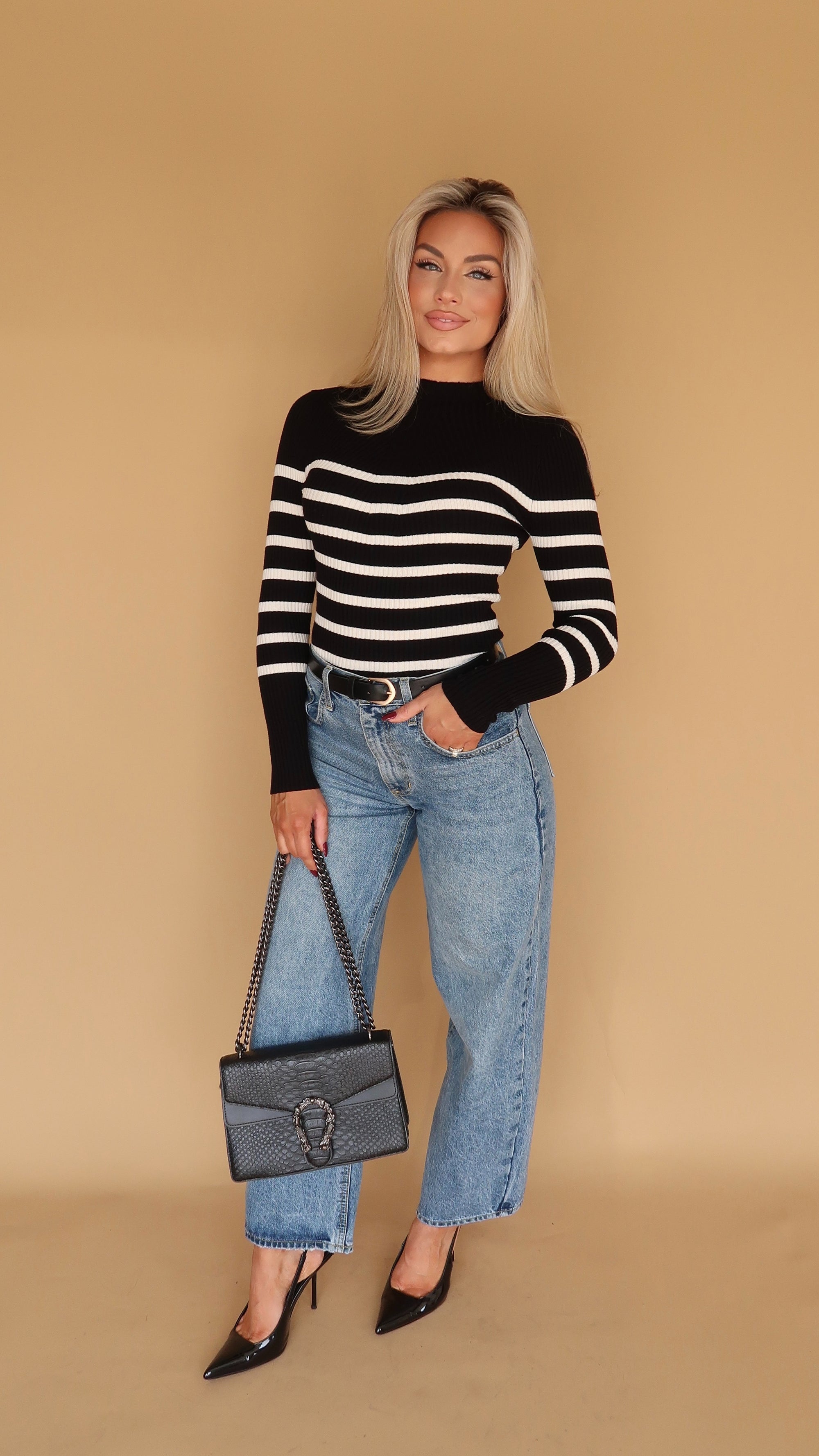 CORE STRIPED MOCK NECK SWEATER TOP BLACK/WHITE