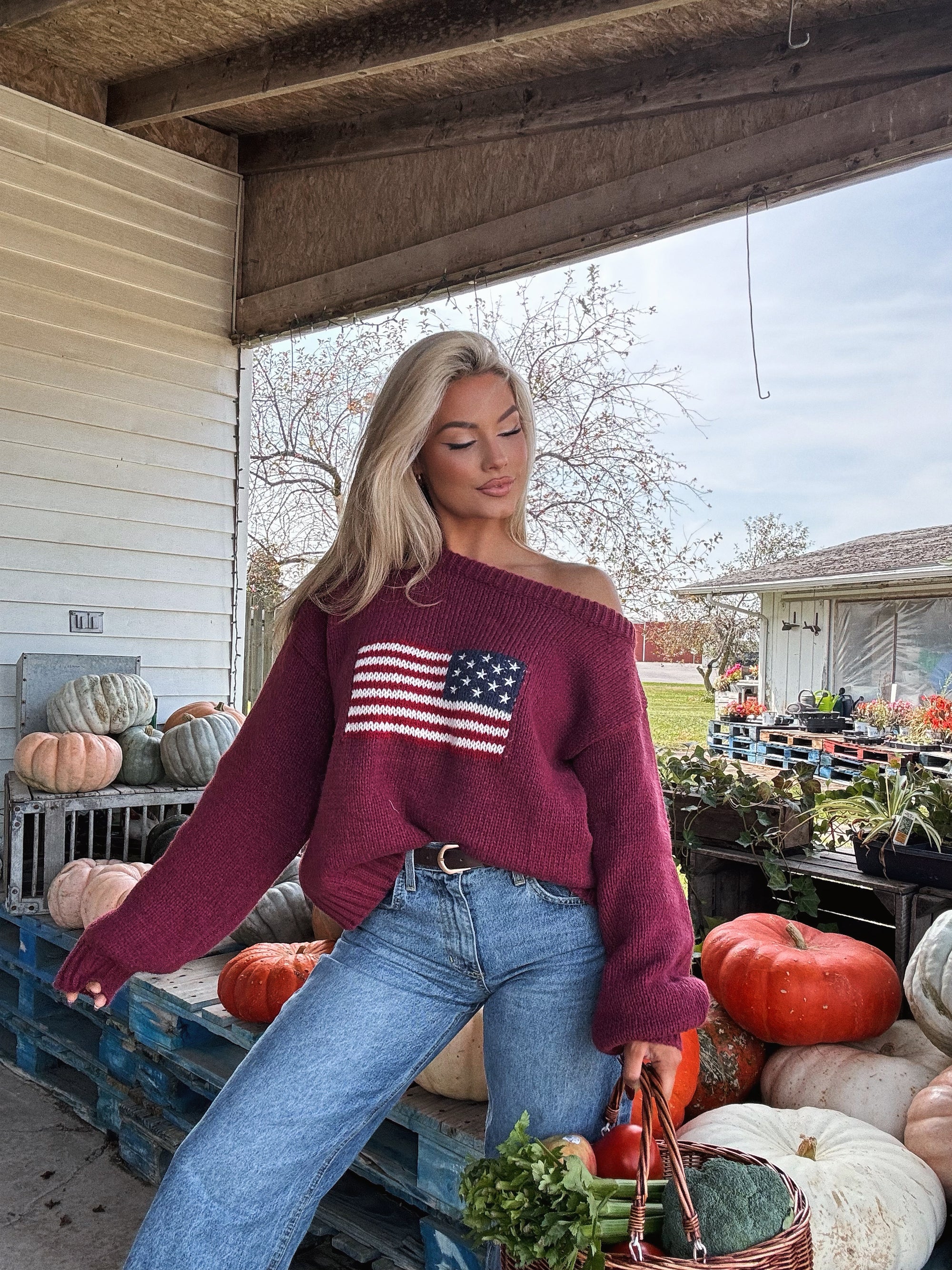 KIRK AMERICAN OFF THE SHOULDER KNIT SWEATER
