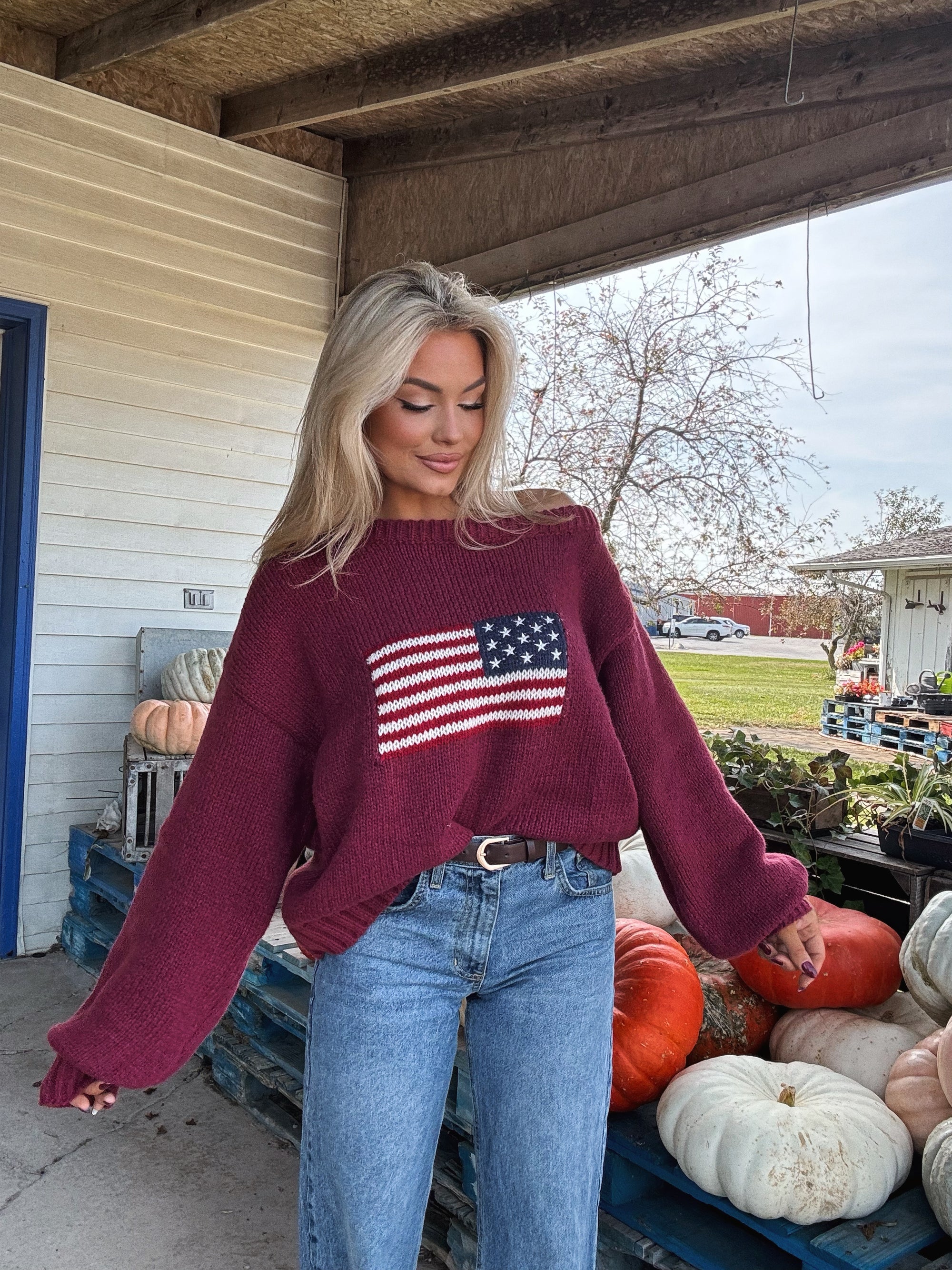KIRK AMERICAN OFF THE SHOULDER KNIT SWEATER