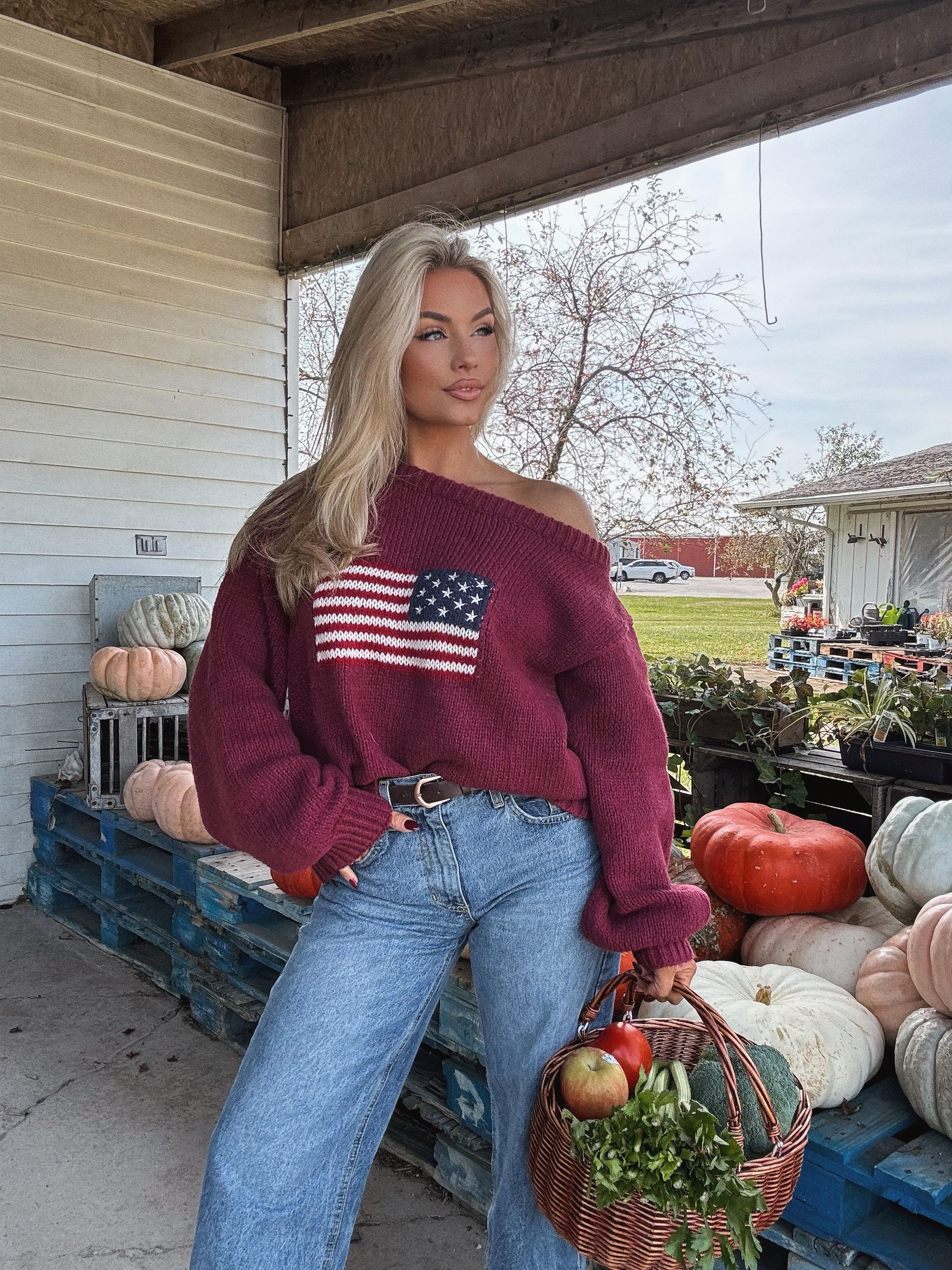 KIRK AMERICAN OFF THE SHOULDER KNIT SWEATER