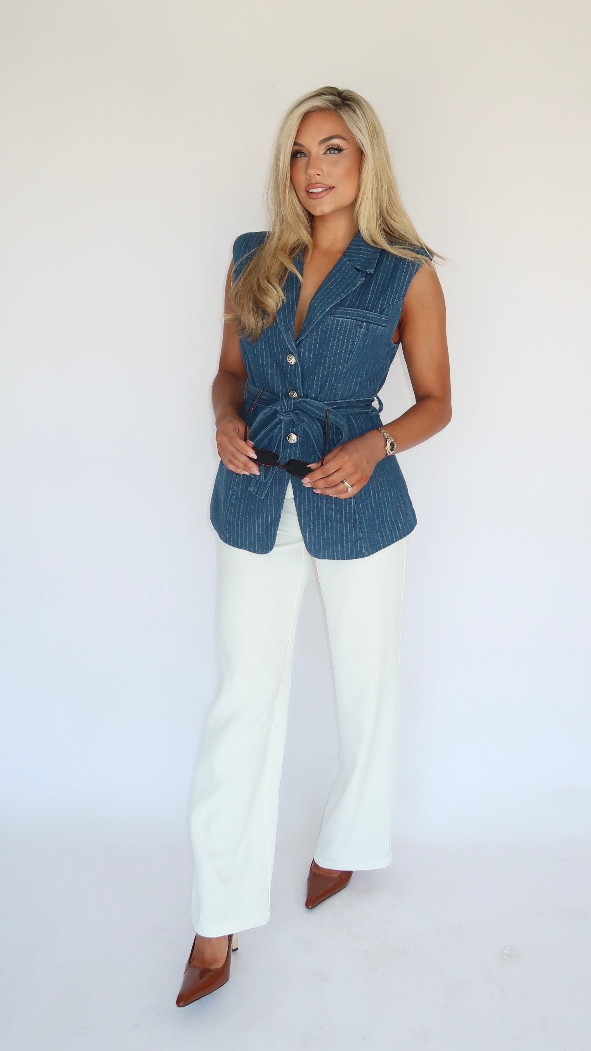 SLOANE DENIM STRIPED VEST BOW TIE