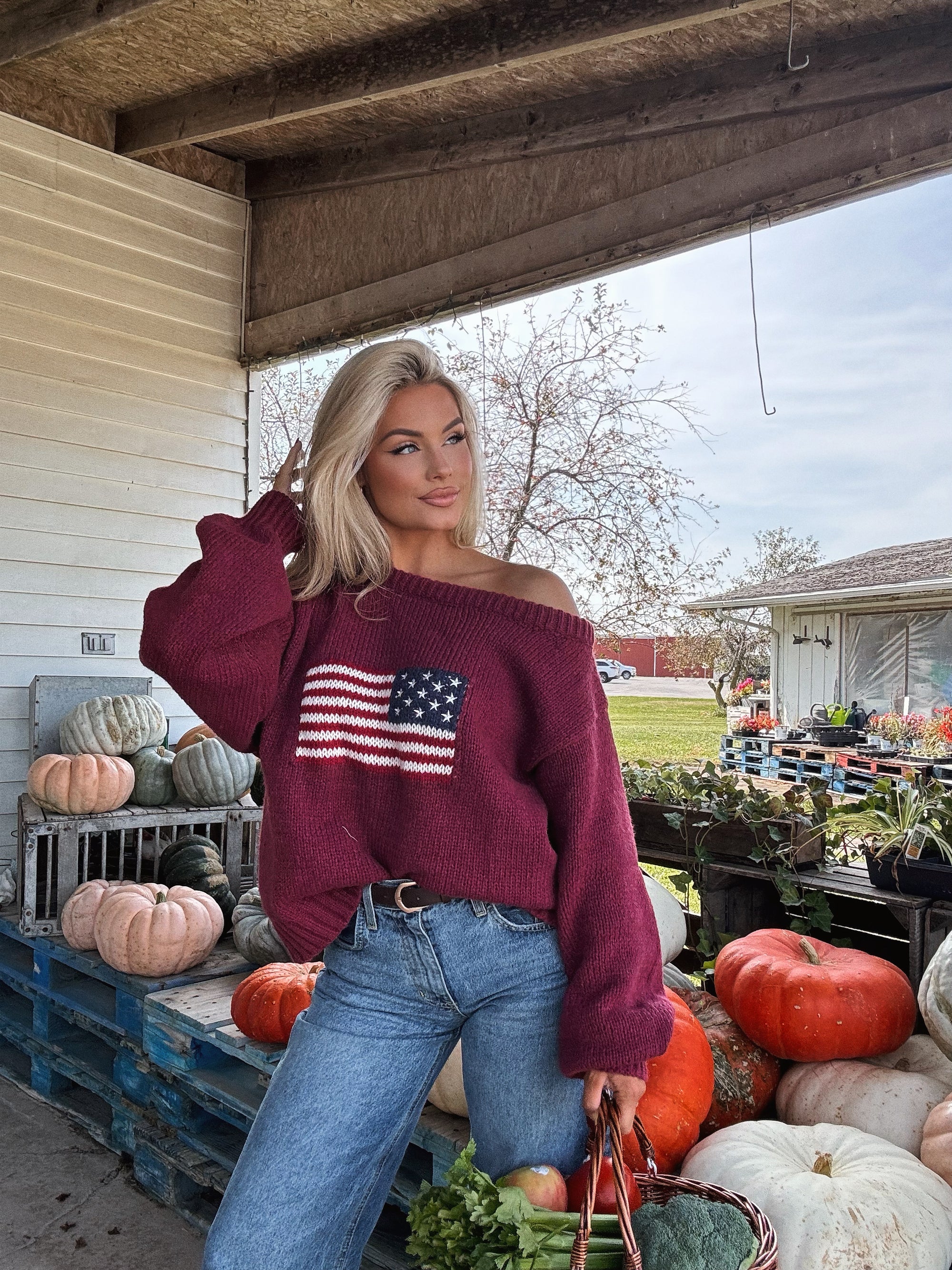 KIRK AMERICAN OFF THE SHOULDER KNIT SWEATER