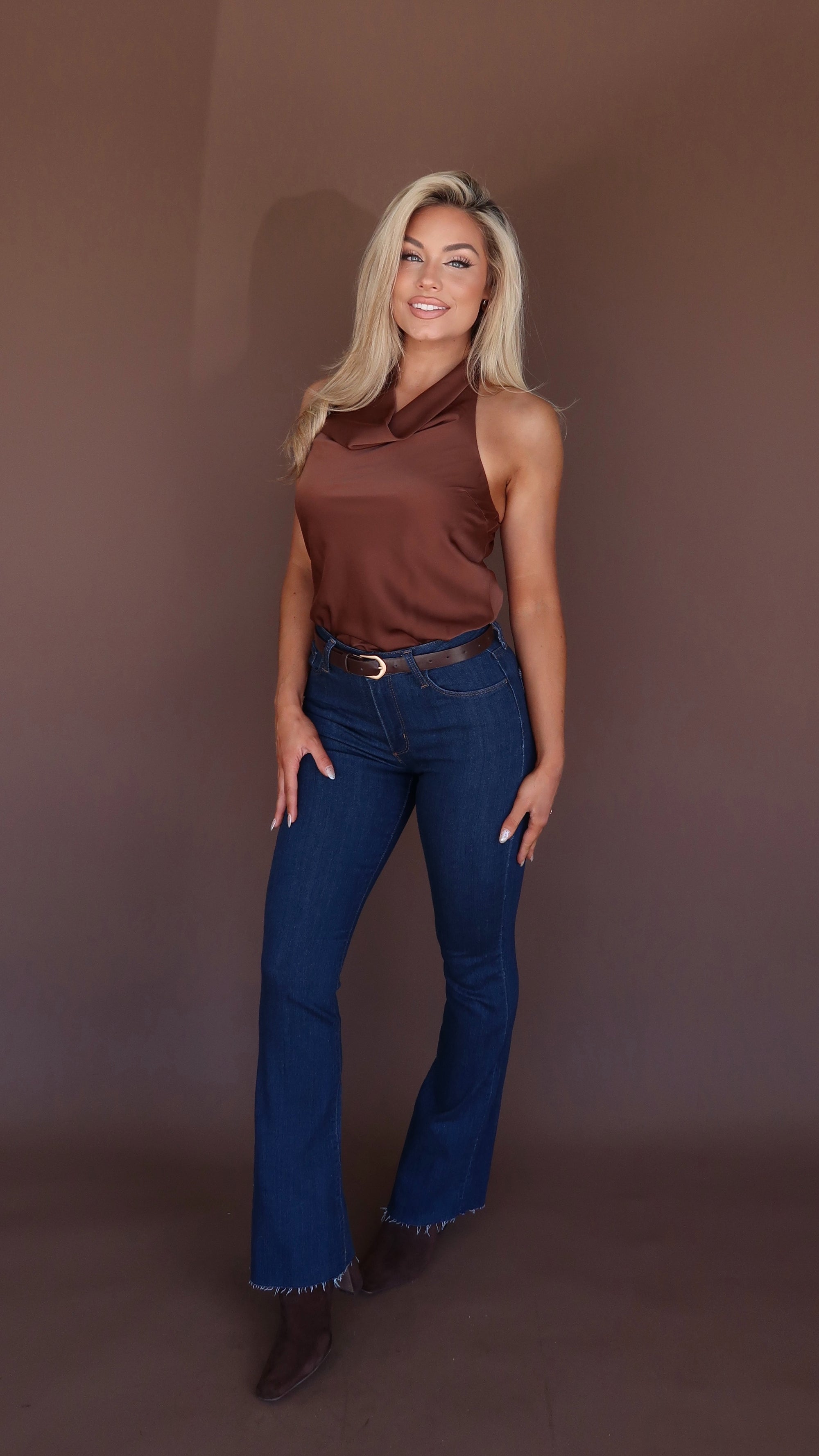 MARON SILK HALTER TOP BROWN