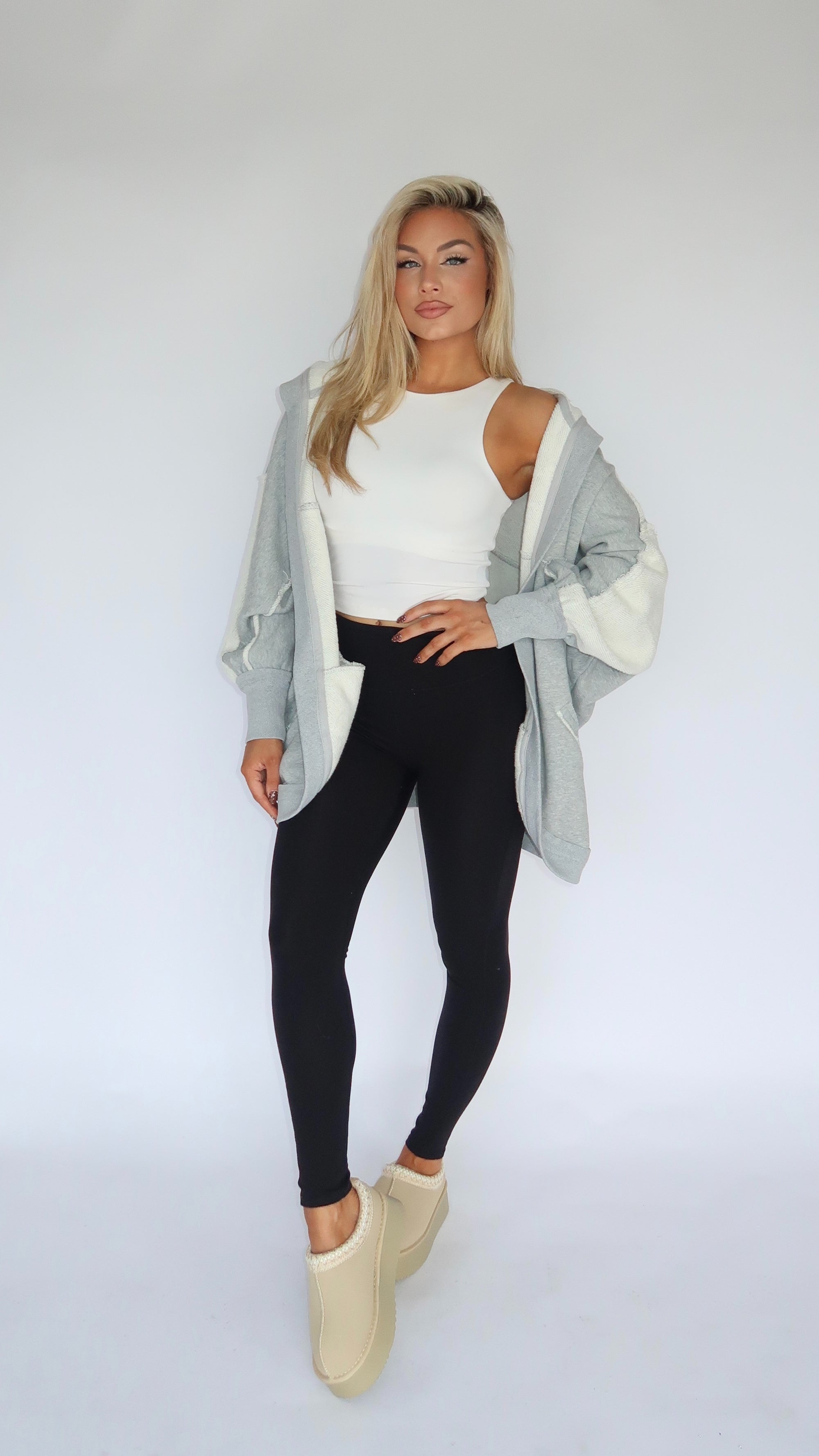 ON THE GO HOODED CARDIGAN GREY