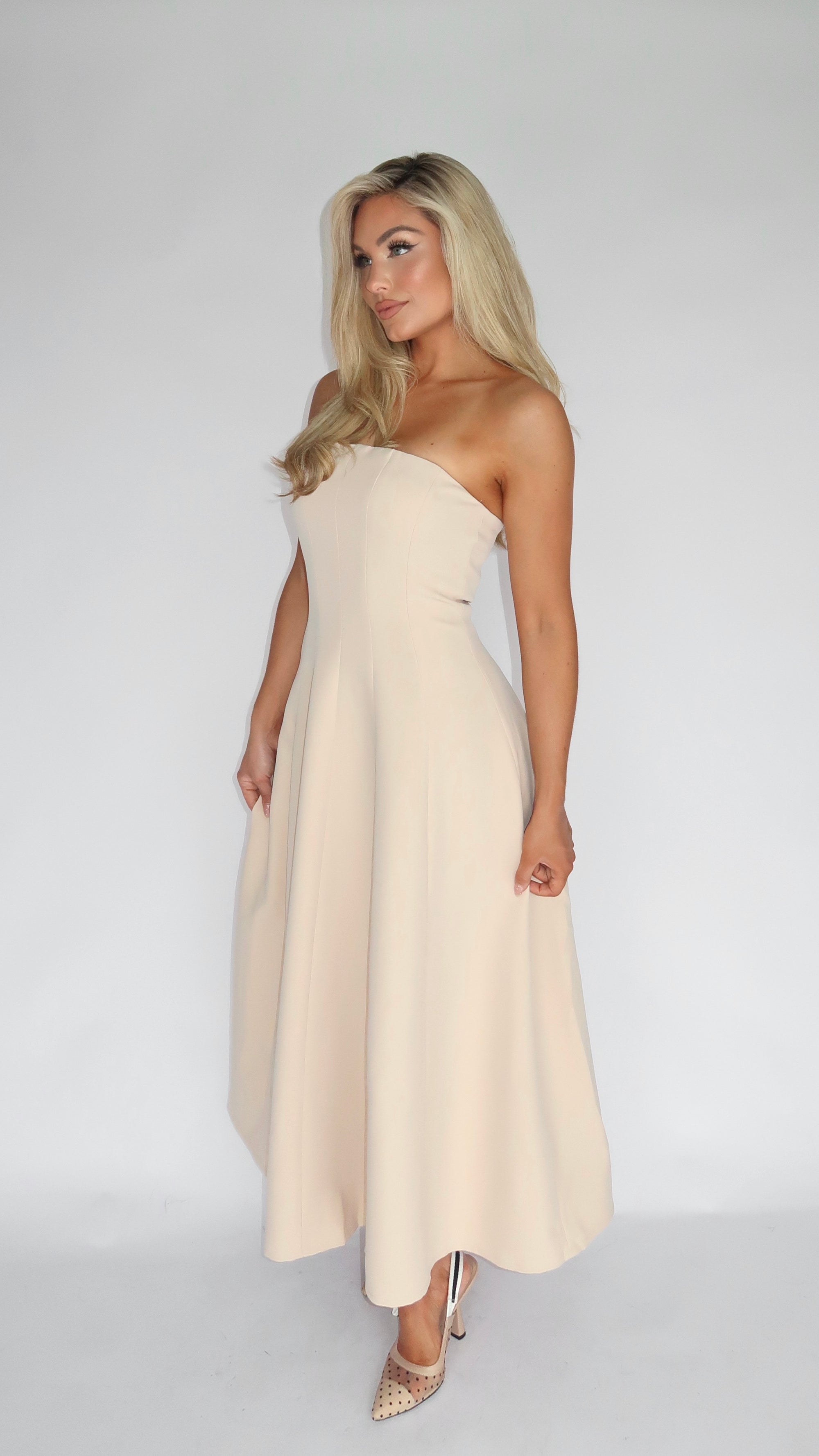 SABLE STRAPLESS MIDI DRESS BEIGE
