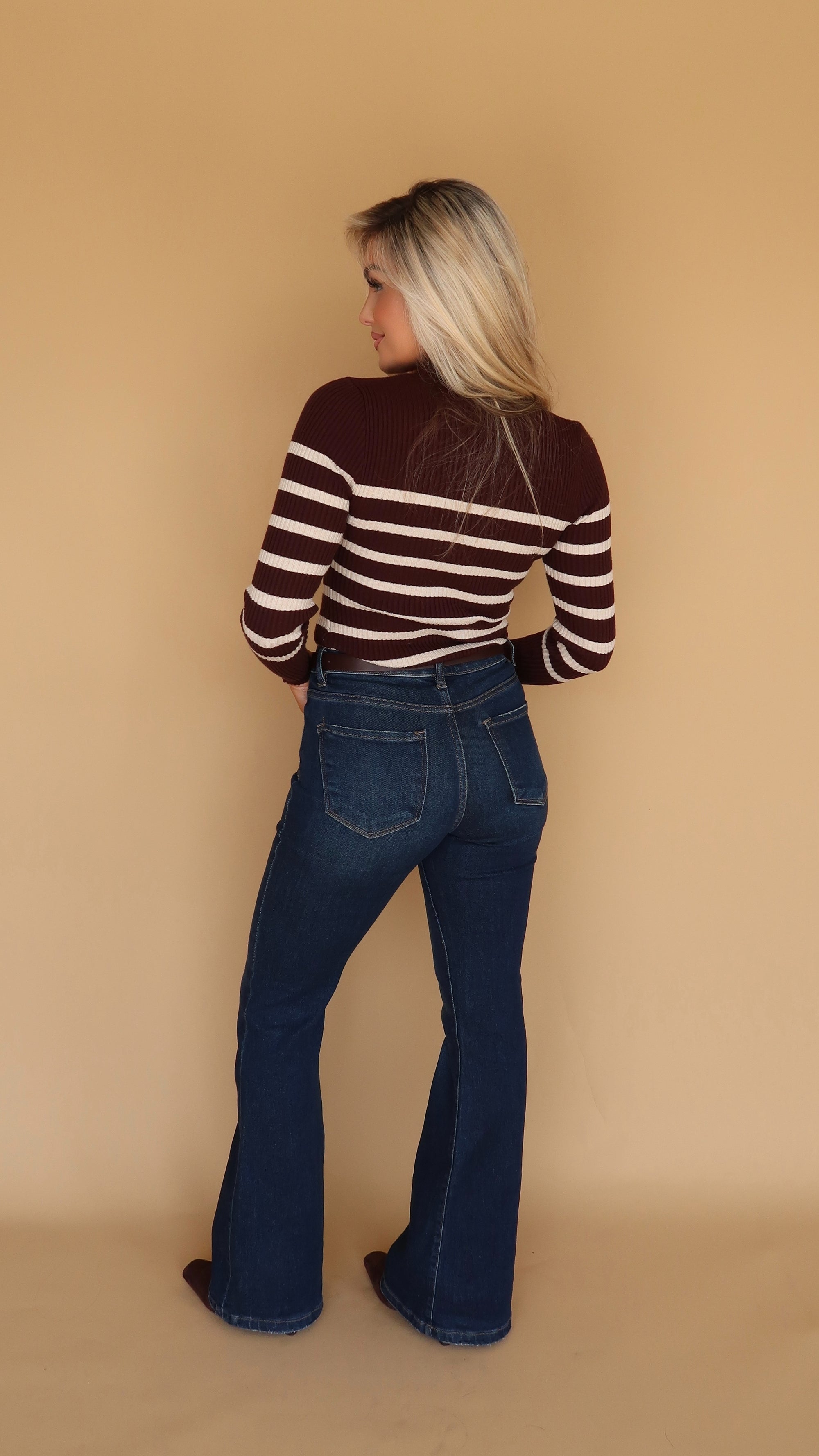 CORE STRIPED MOCK NECK SWEATER TOP BROWN
