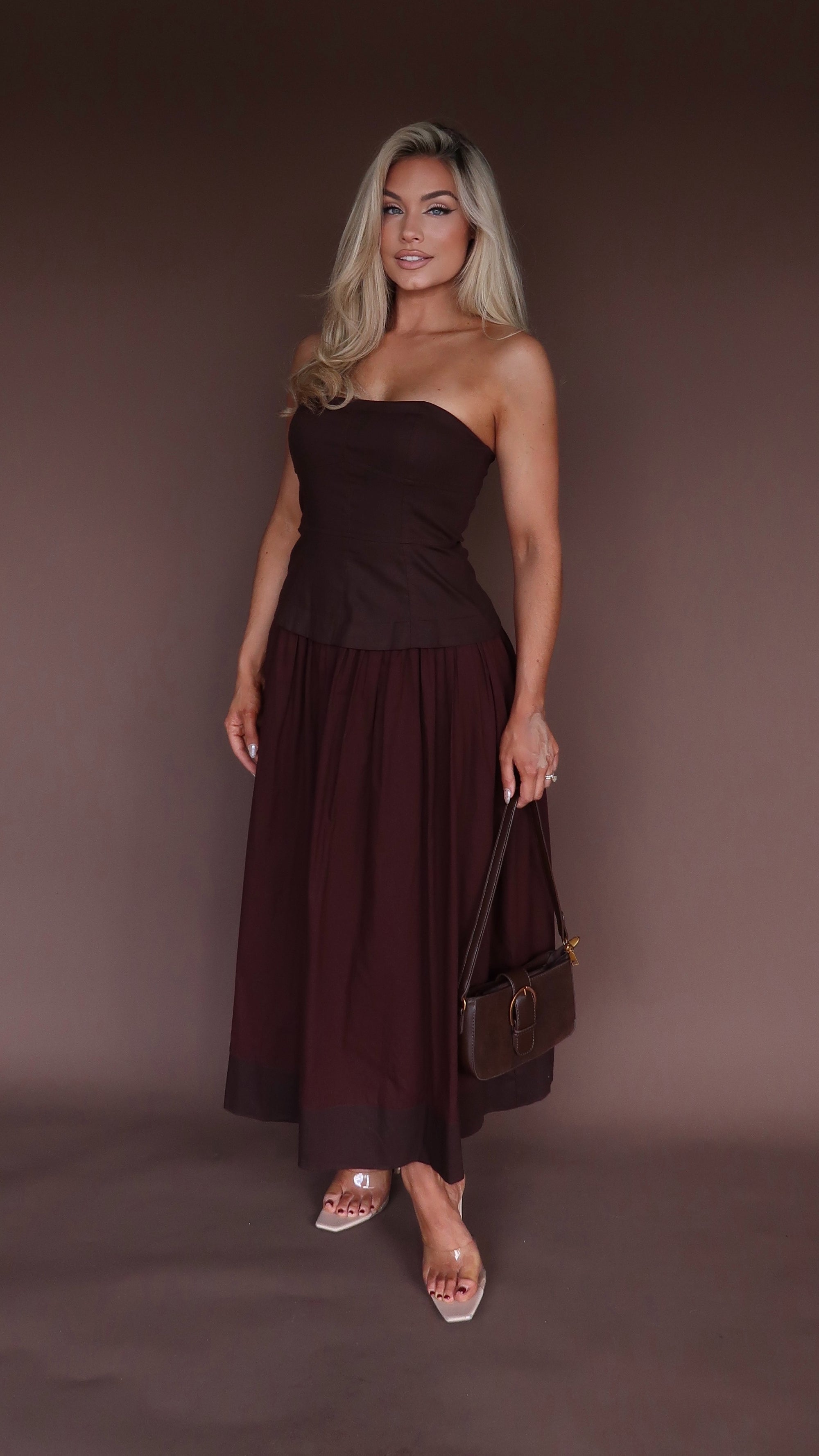 ELARA STRAPLESS MIDI DRESS CHOCOLATE