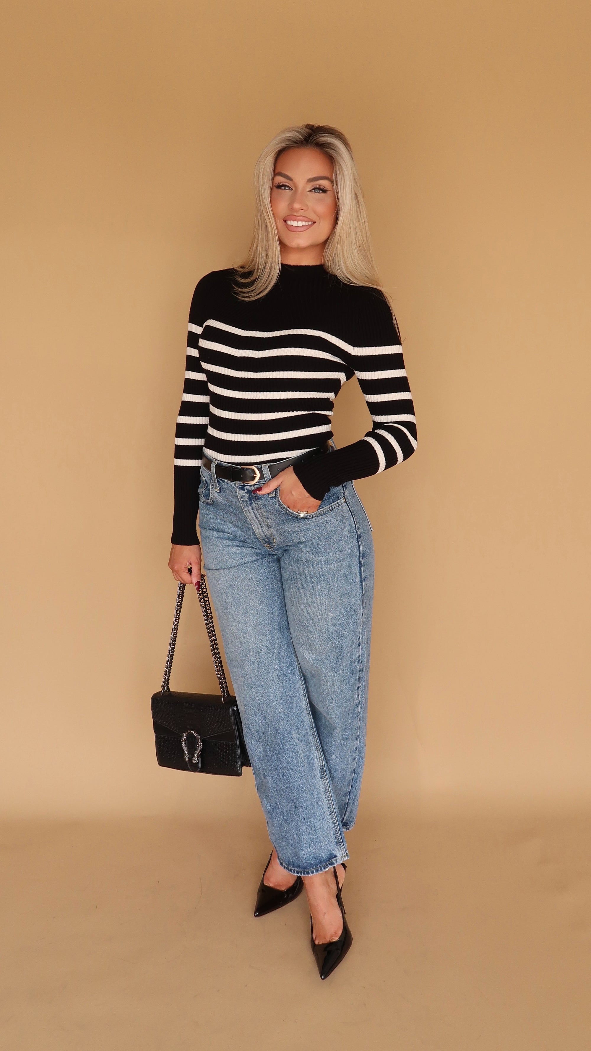 CORE STRIPED MOCK NECK SWEATER TOP BLACK/WHITE