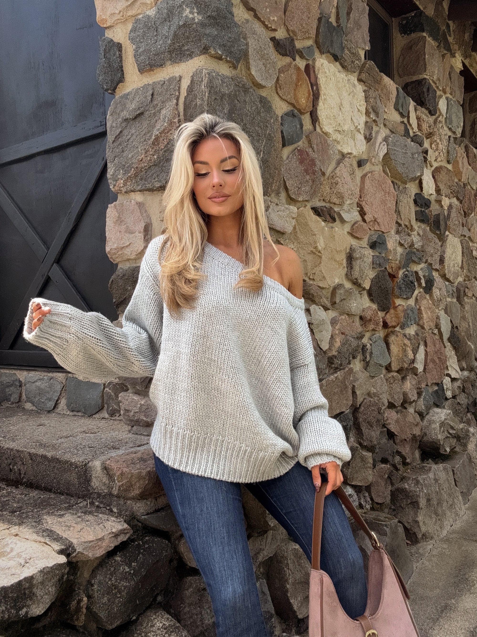AMERICAN GIRL OFF THE SHOULDER KNIT SWEATER GREY