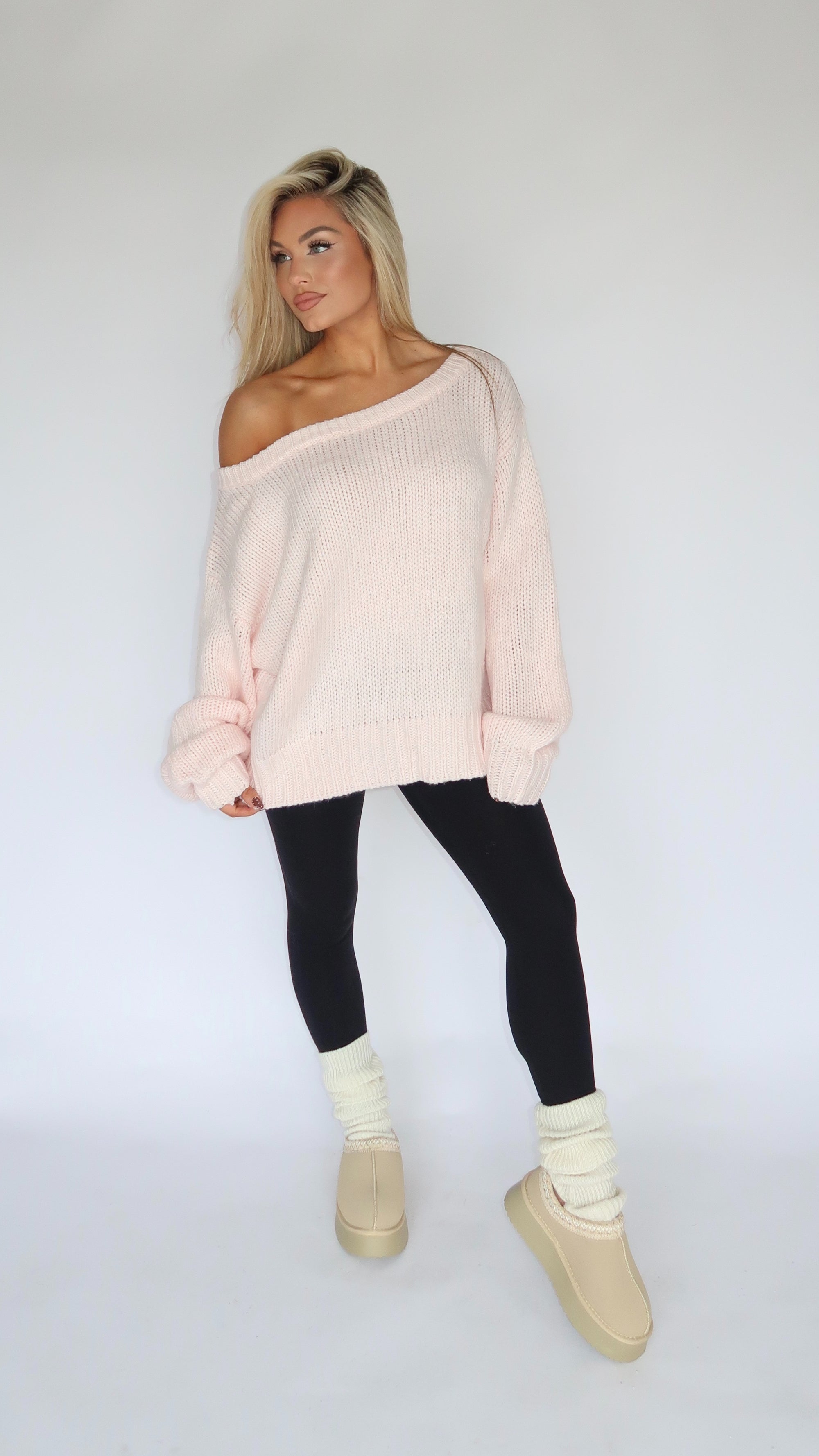 AMERICAN GIRL OFF THE SHOULDER KNIT SWEATER SOFT PINK