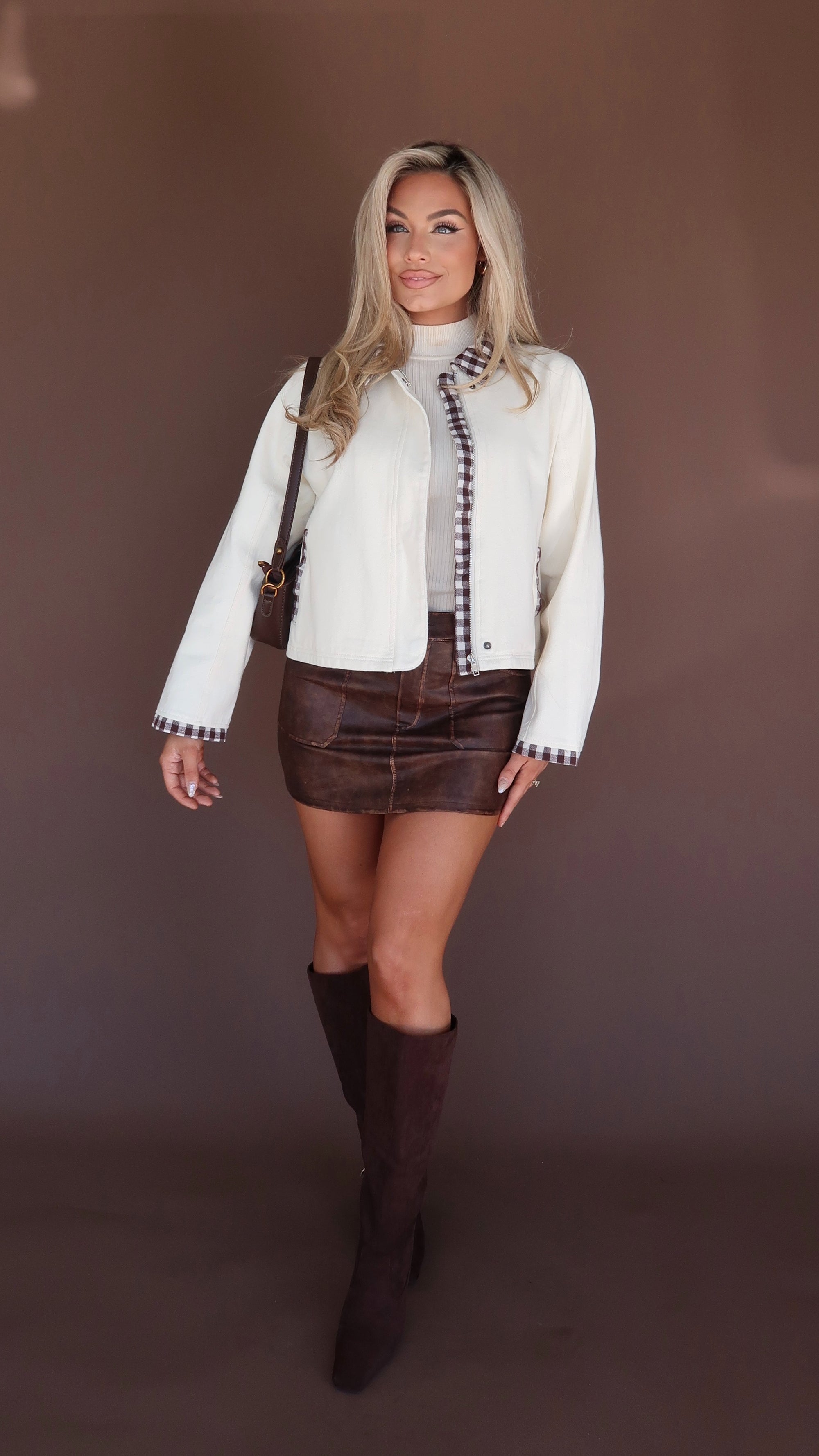 HICKORY GINGHAM TRIM CROPPED BARN JACKET