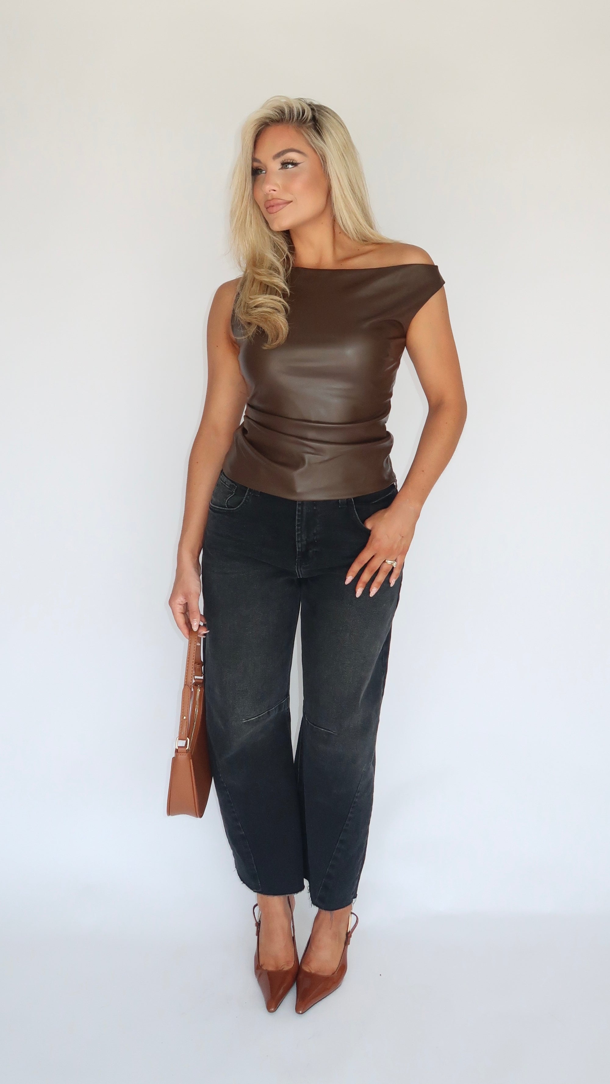 TOFFEE LUXE FAUX LEATHER TOP