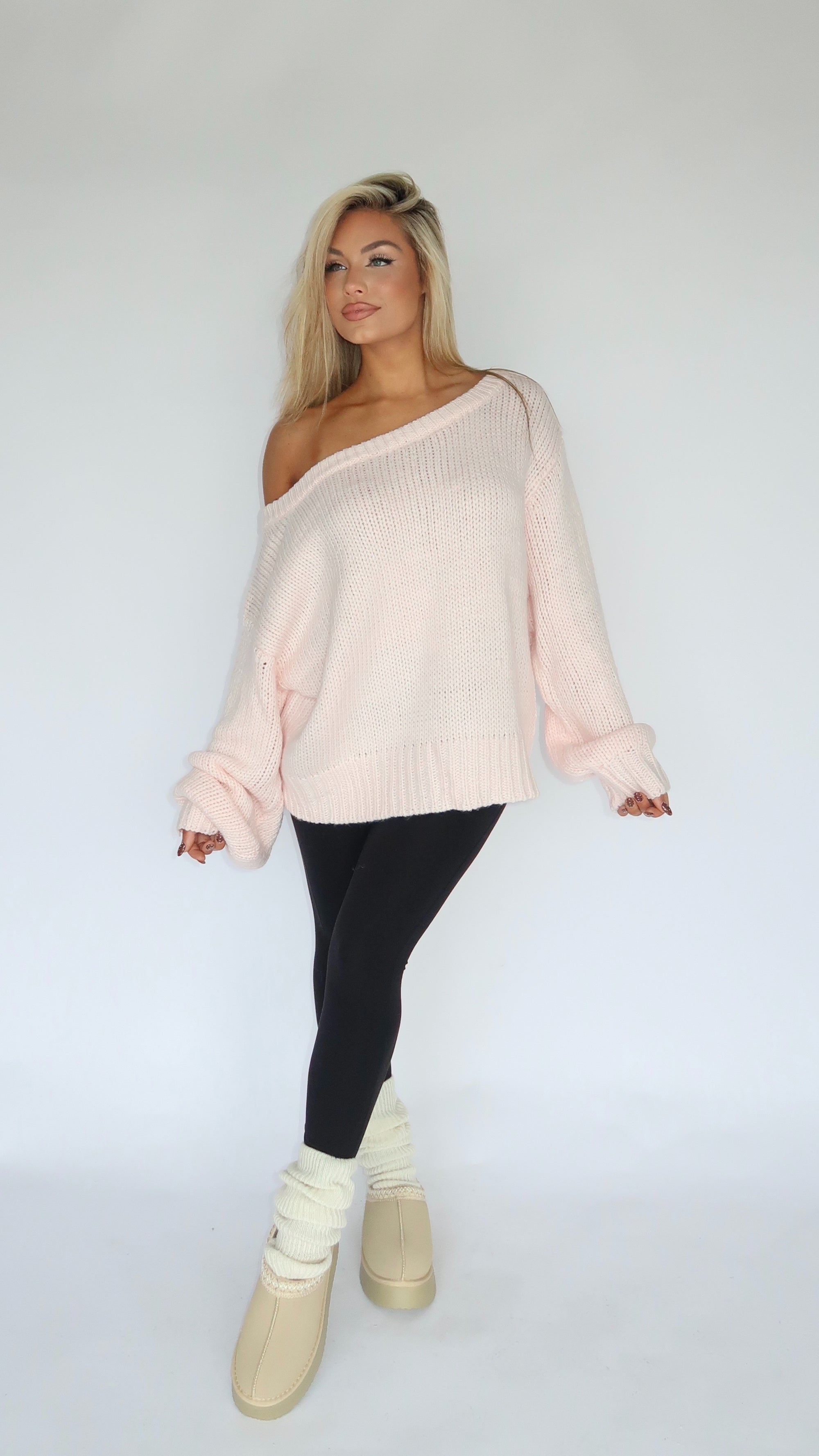 AMERICAN GIRL OFF THE SHOULDER KNIT SWEATER SOFT PINK