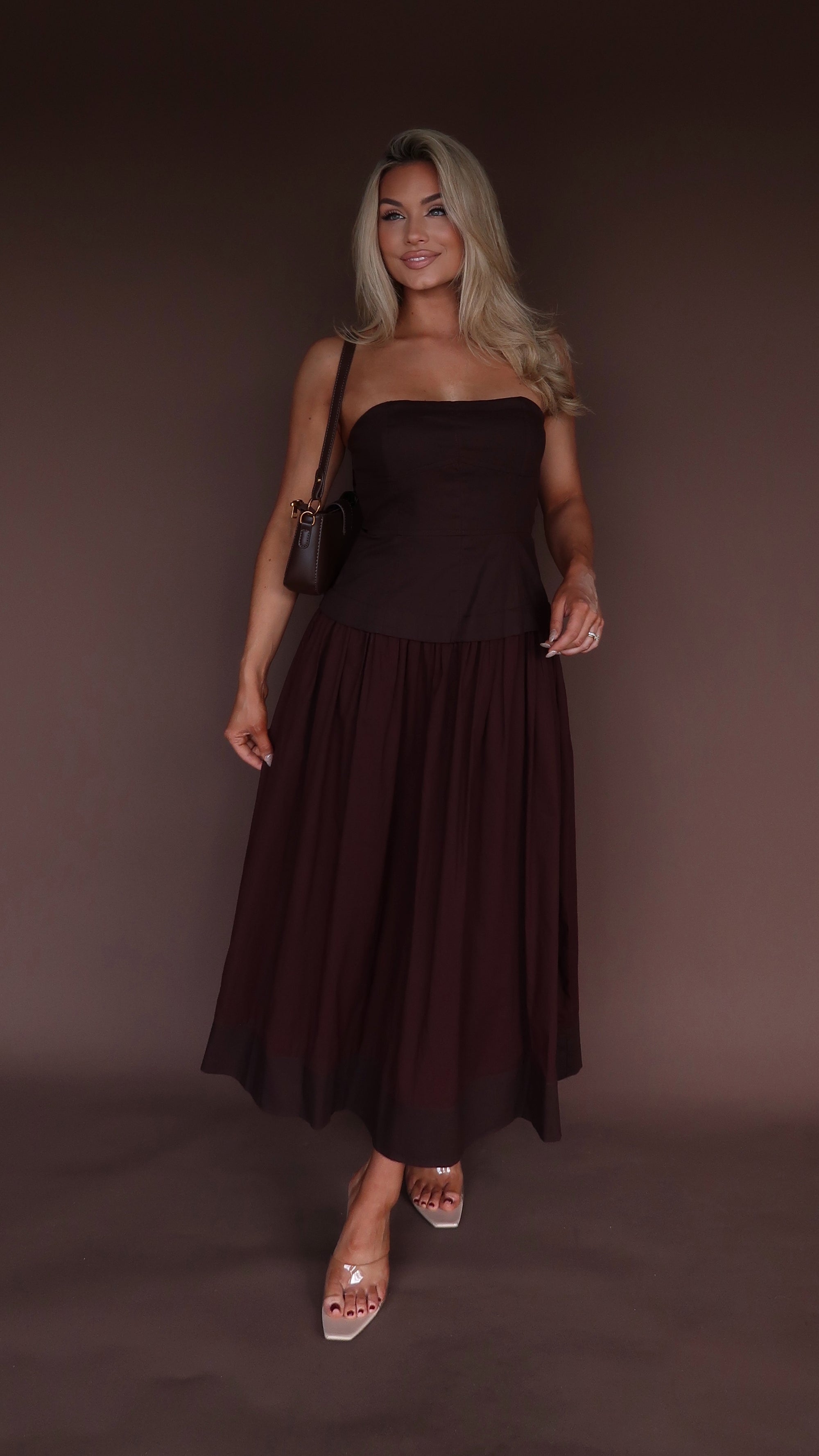 ELARA STRAPLESS MIDI DRESS CHOCOLATE