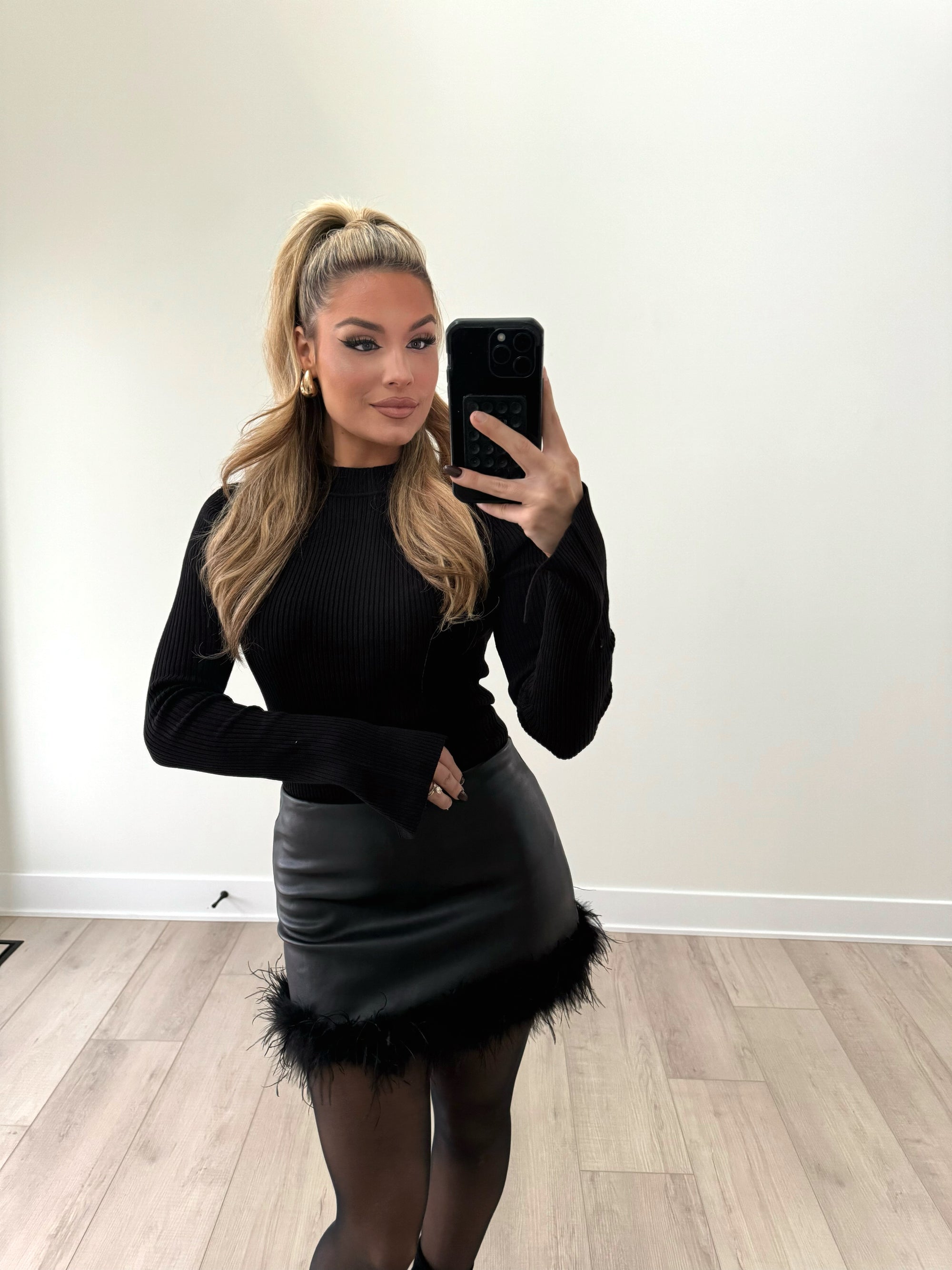IRIS FAUX LEATHER FEATHER TRIM MINI SKIRT BLACK