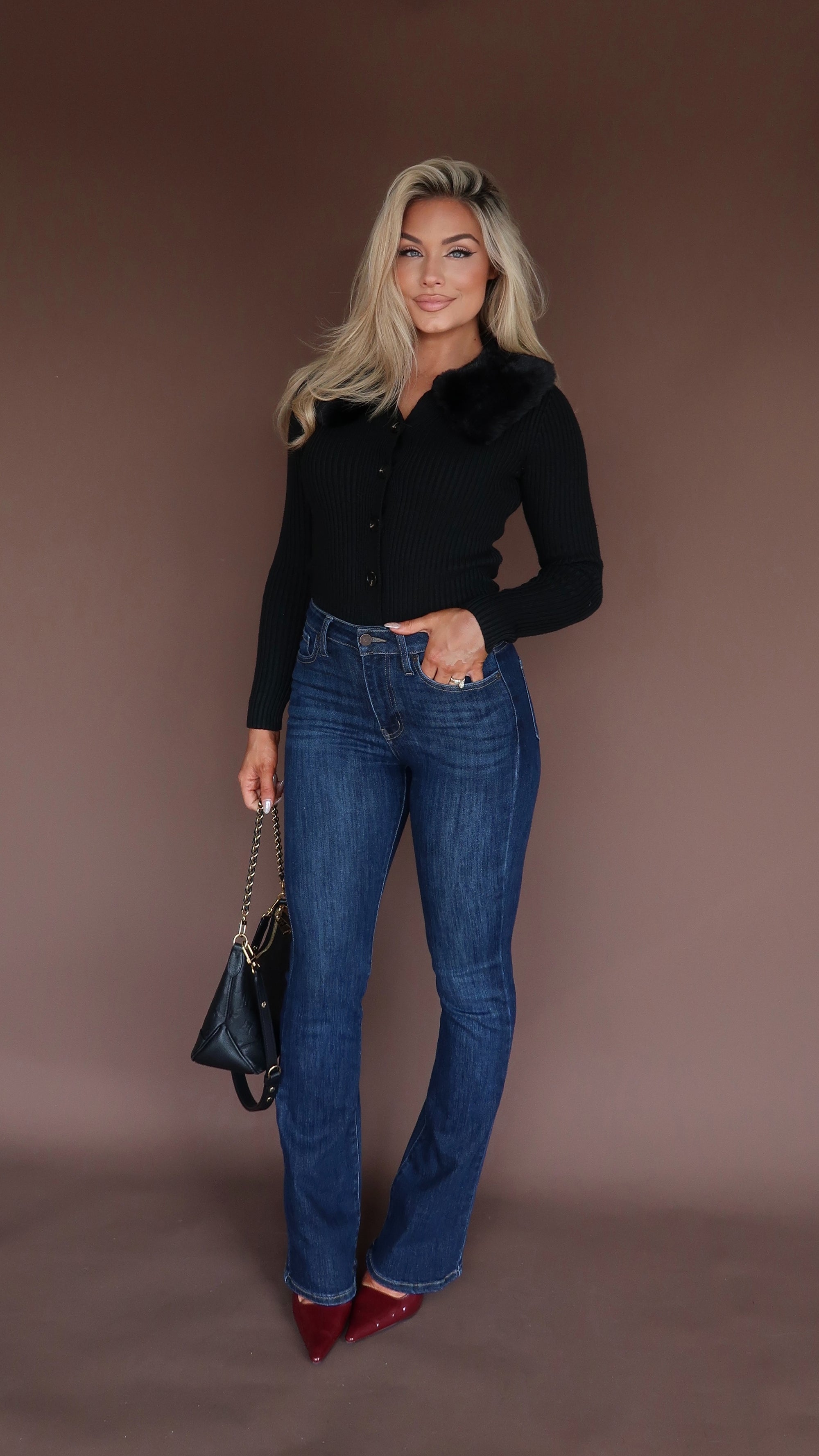 BOMBSHELL FUR TRIM CARDIGAN BLACK