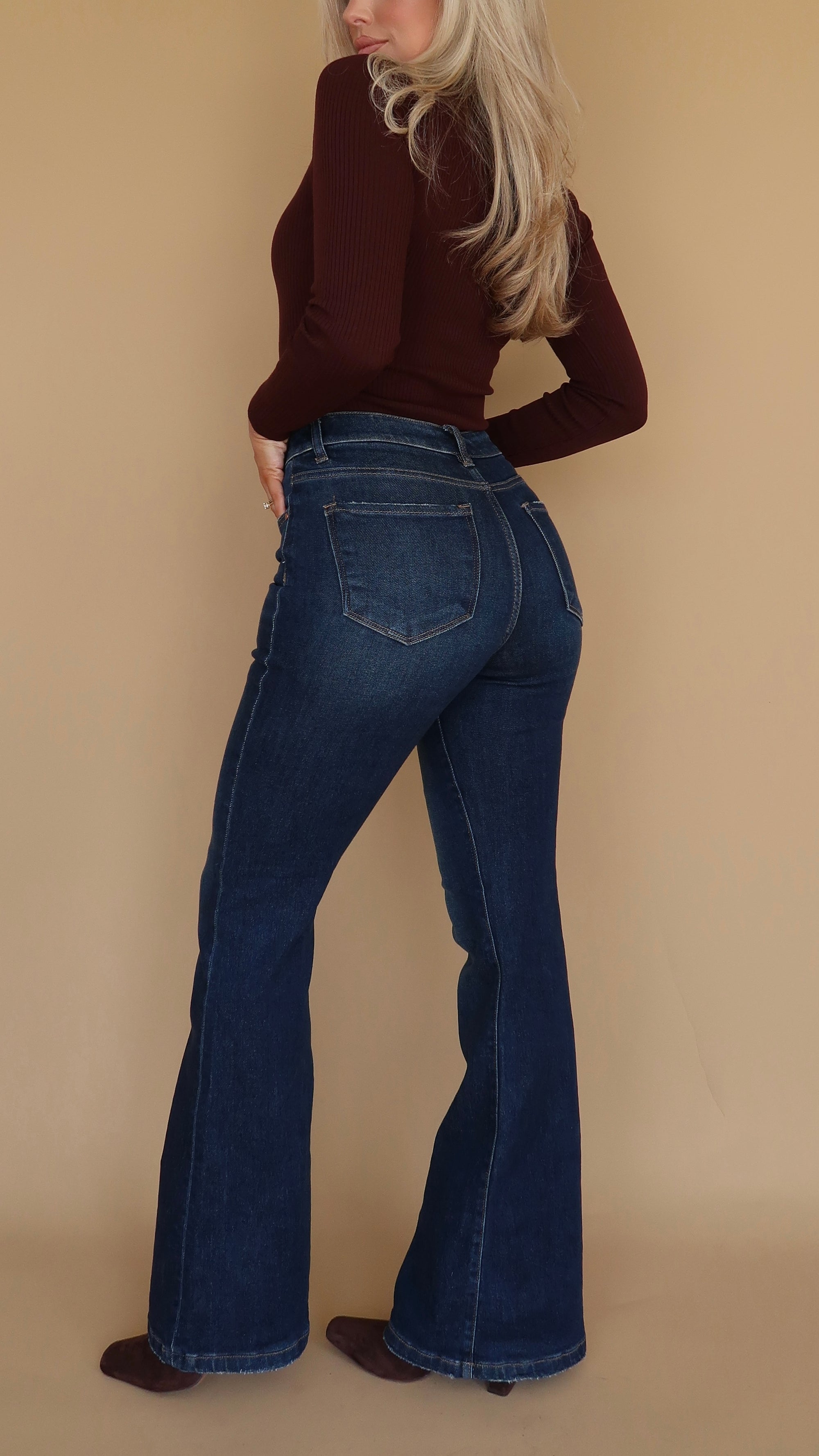 ISLA HIGH WAISTED FLARE DARK WASH DENIM