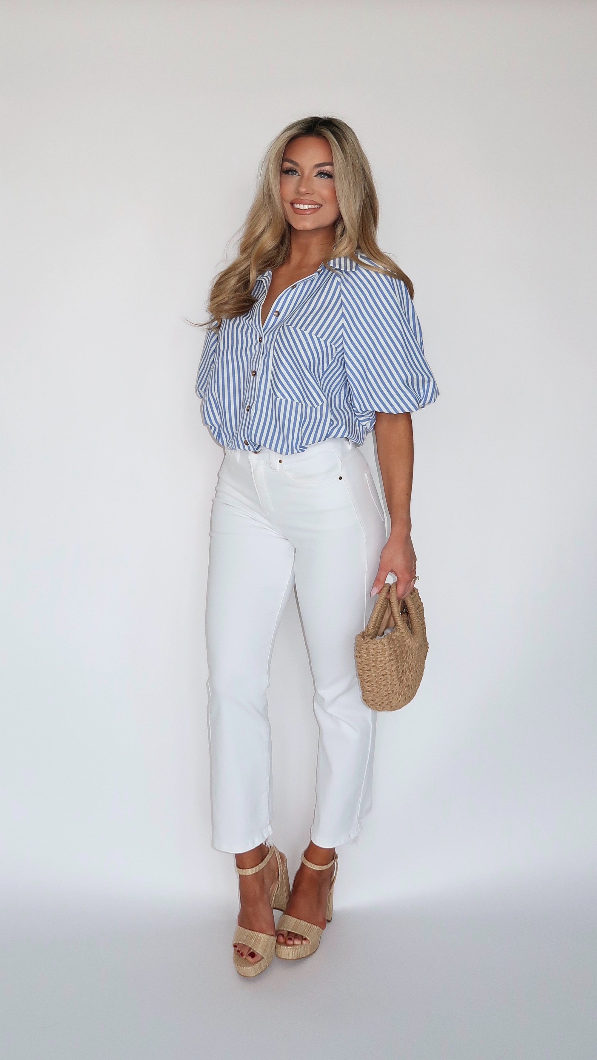 SEABREEZE PINSTRIPE PUFF SLEEVE TOP