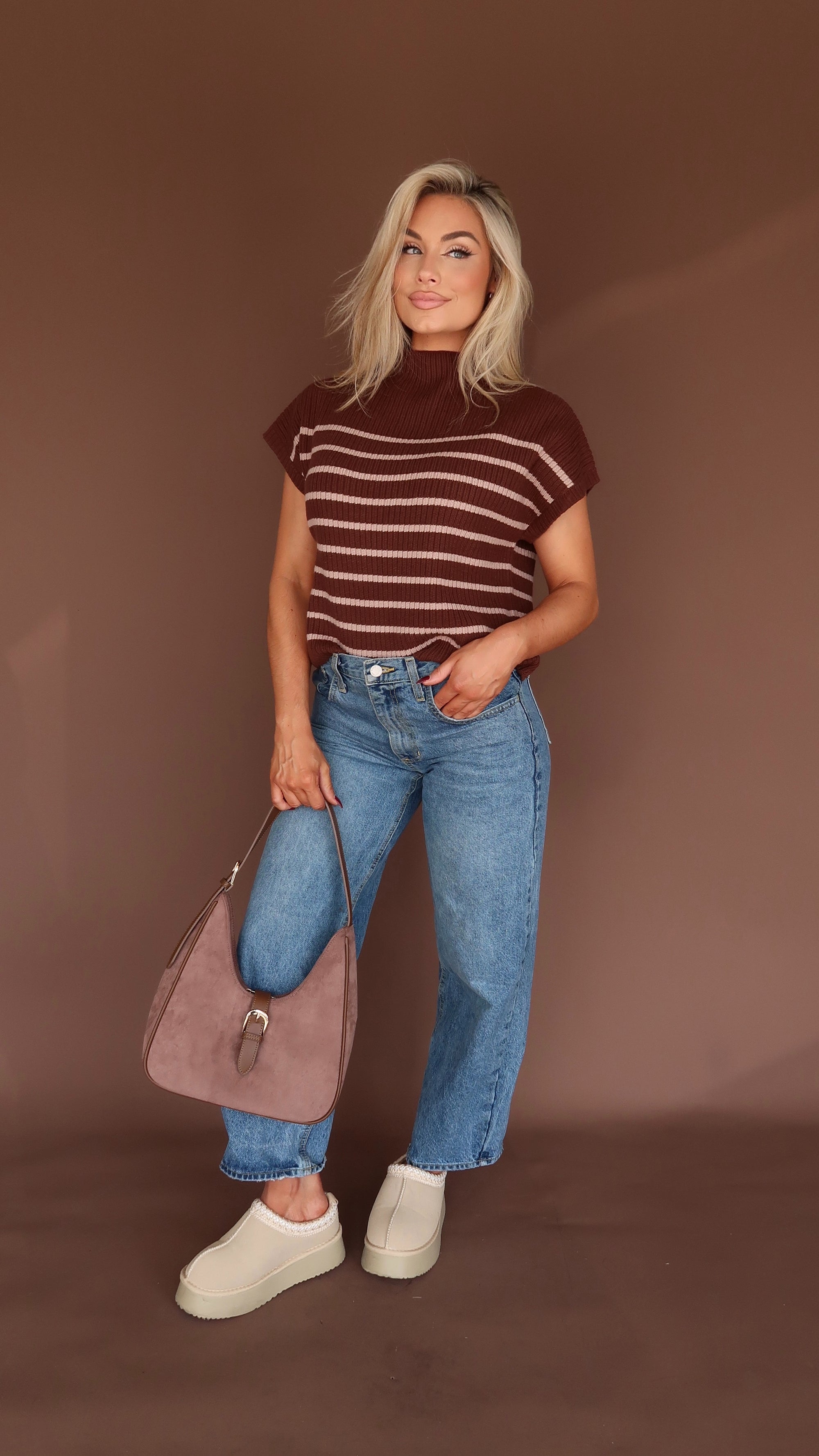 BELLIE STRIPED MOCK NECK SWEATER TOP BROWN