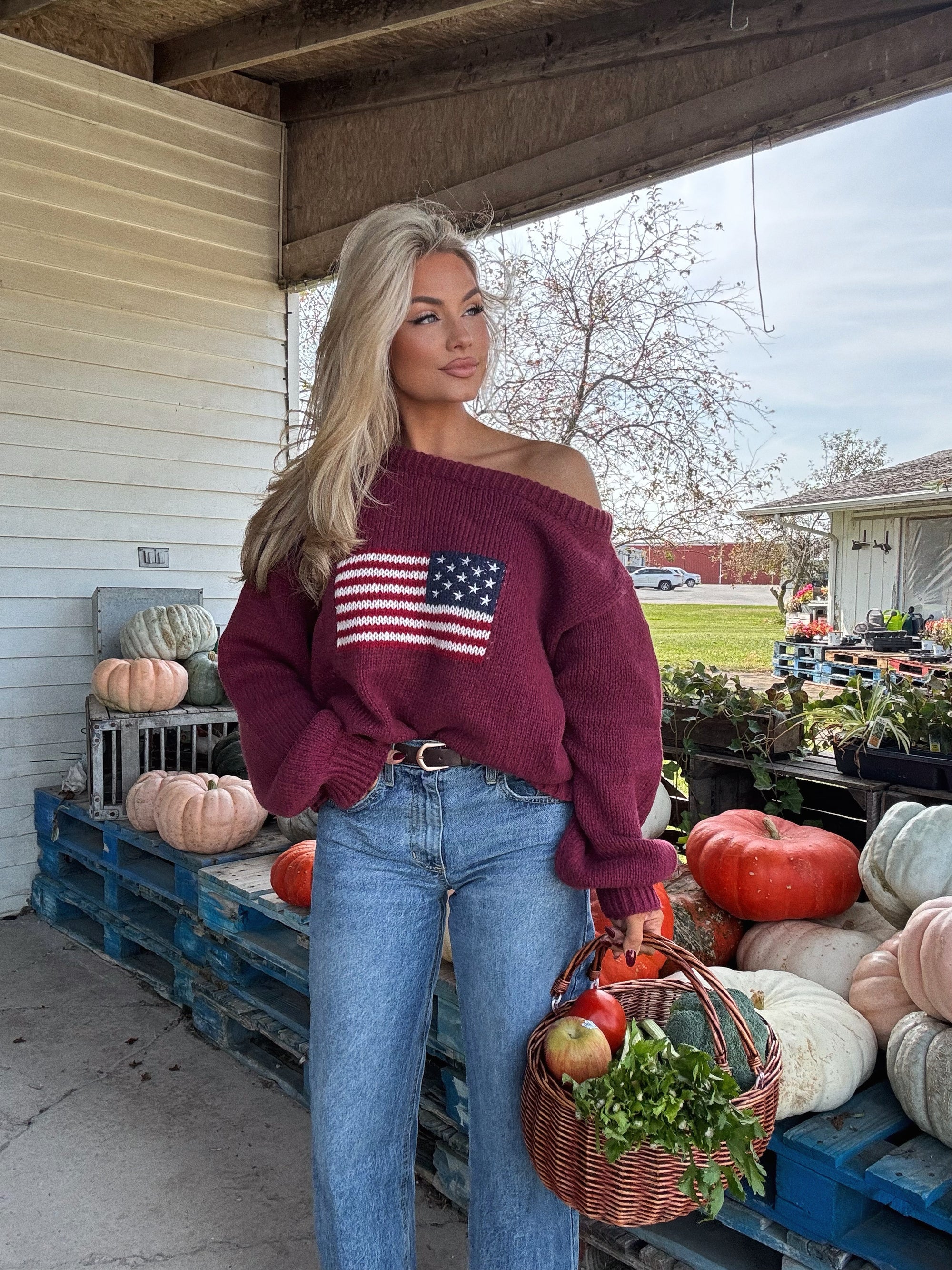 KIRK AMERICAN OFF THE SHOULDER KNIT SWEATER