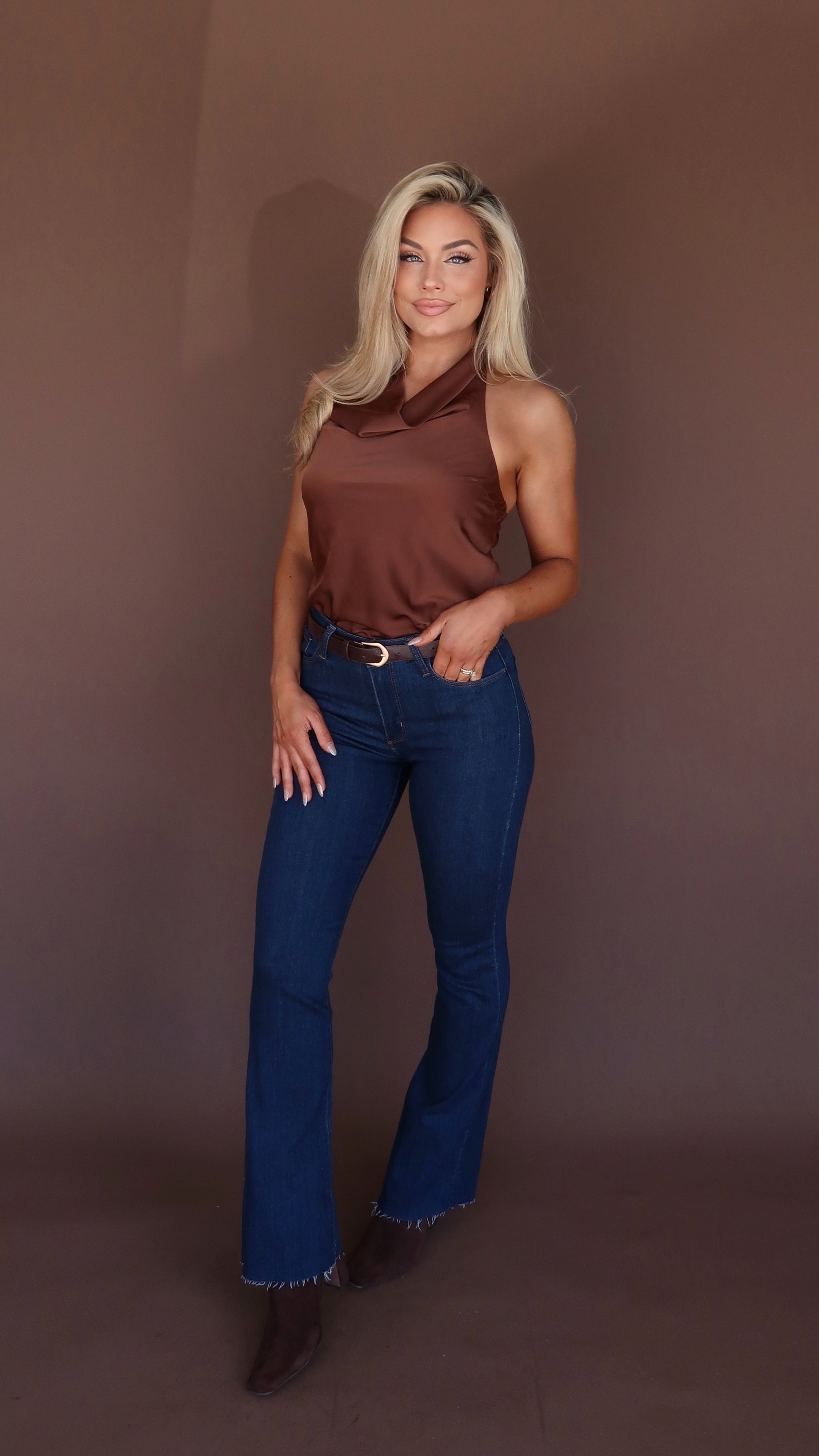 MARON SILK HALTER TOP BROWN