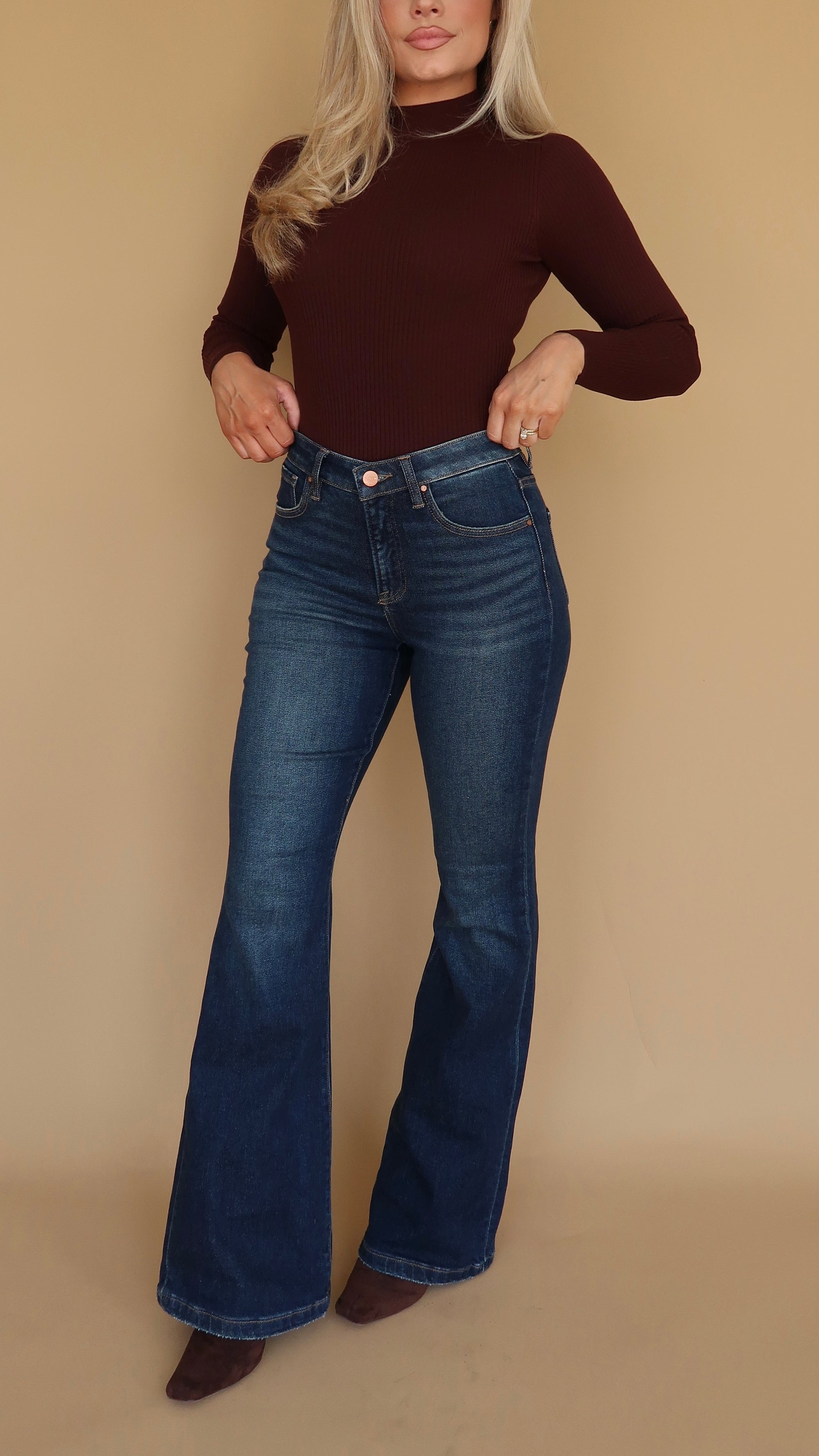 ISLA HIGH WAISTED FLARE DARK WASH DENIM