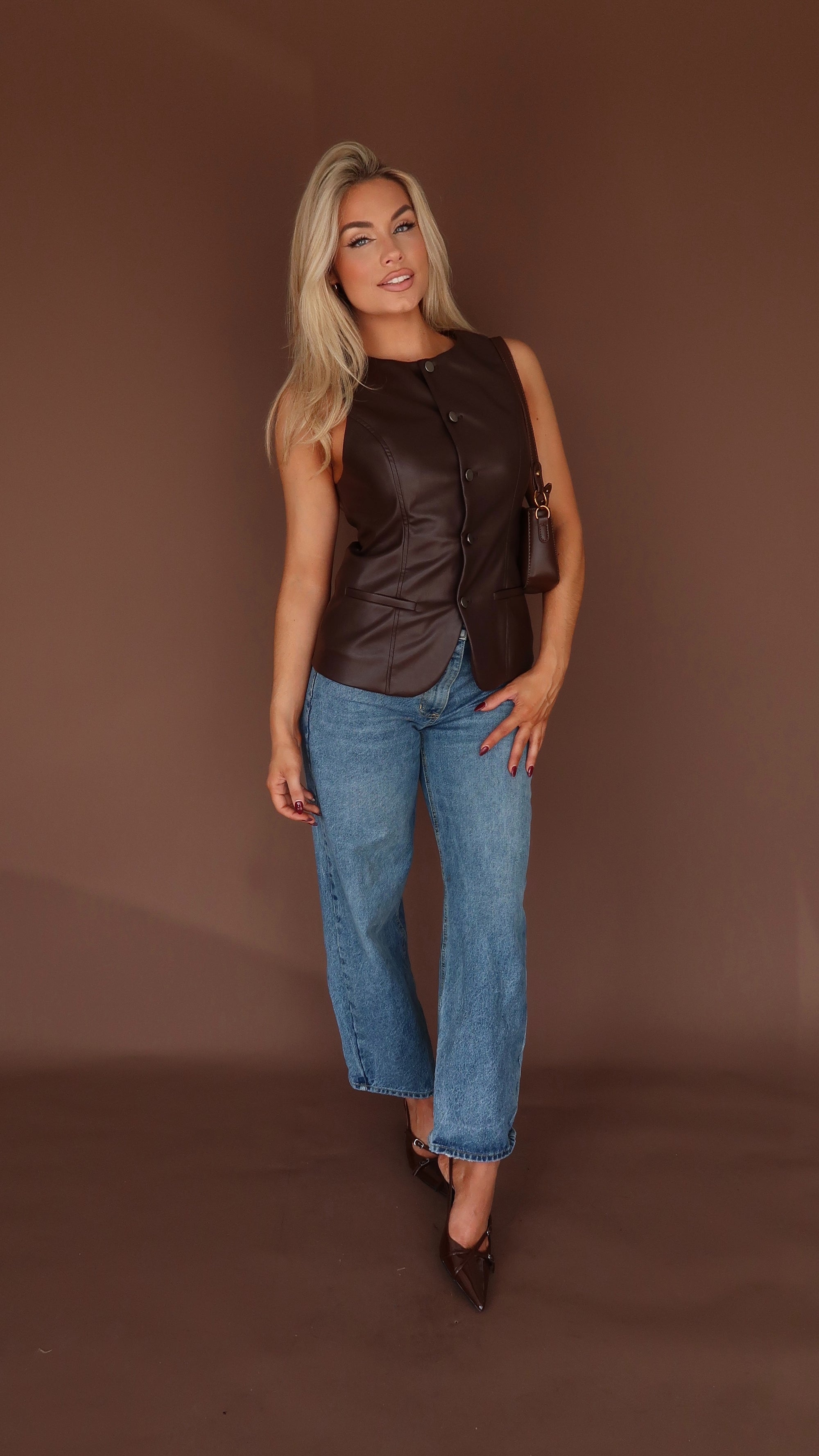 MCRAE FAUX LEATHER TOP BROWN