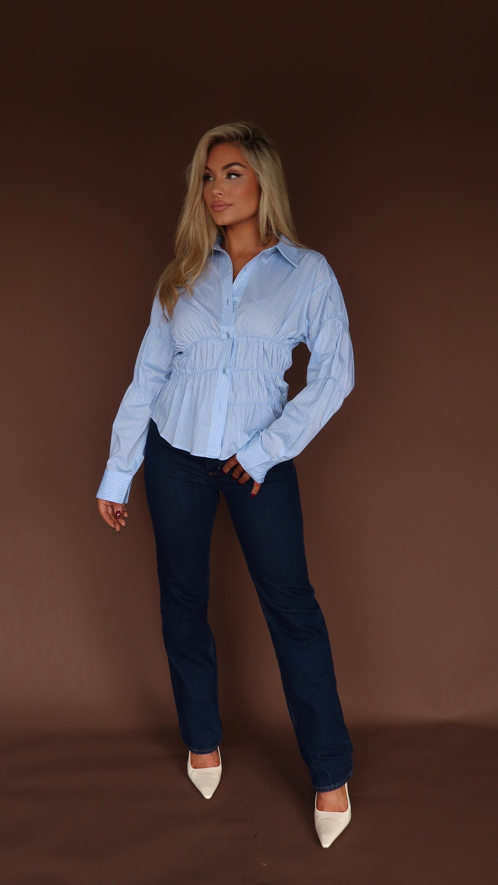CONRAD RUCHED STRIPED BUTTON DOWN TOP