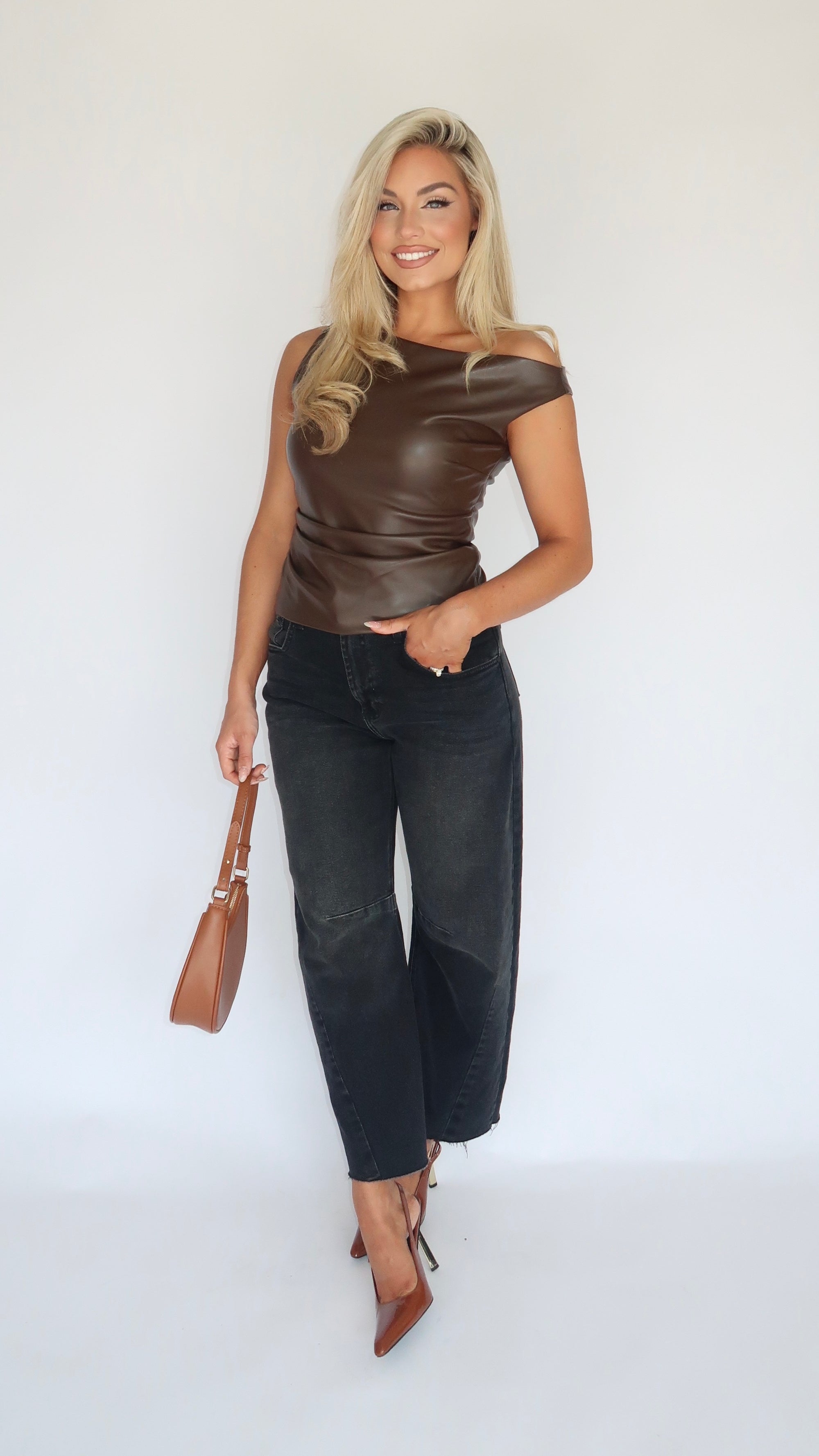 TOFFEE LUXE FAUX LEATHER TOP