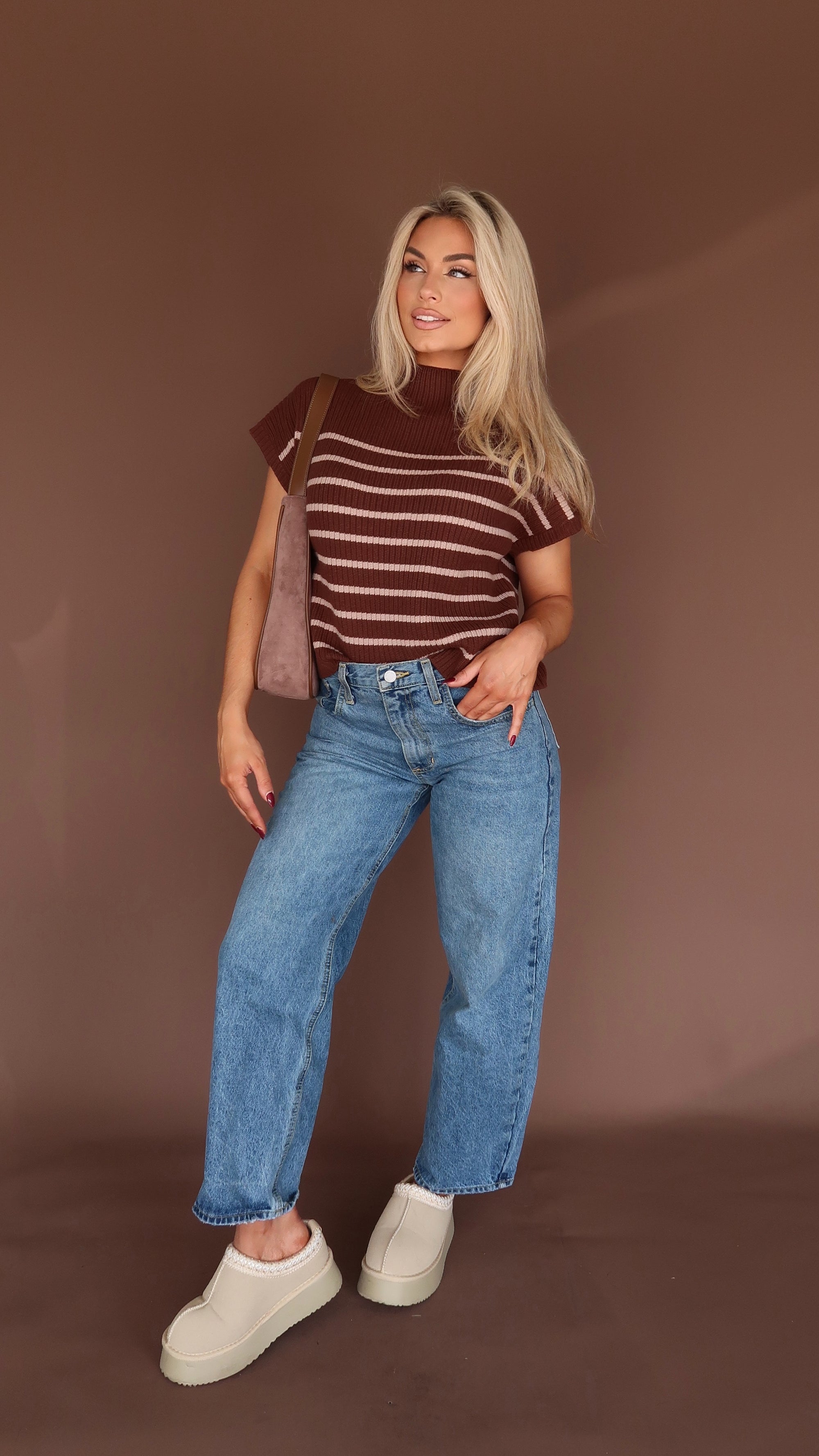 BELLIE STRIPED MOCK NECK SWEATER TOP BROWN