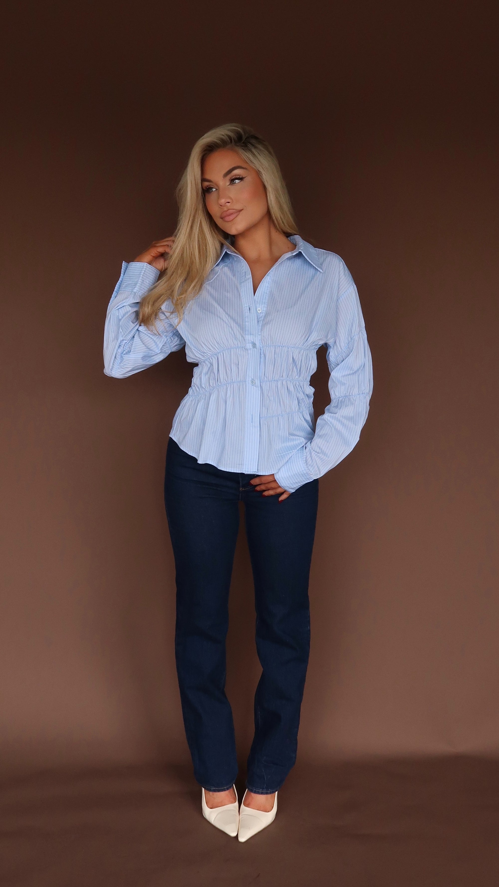 CONRAD RUCHED STRIPED BUTTON DOWN TOP