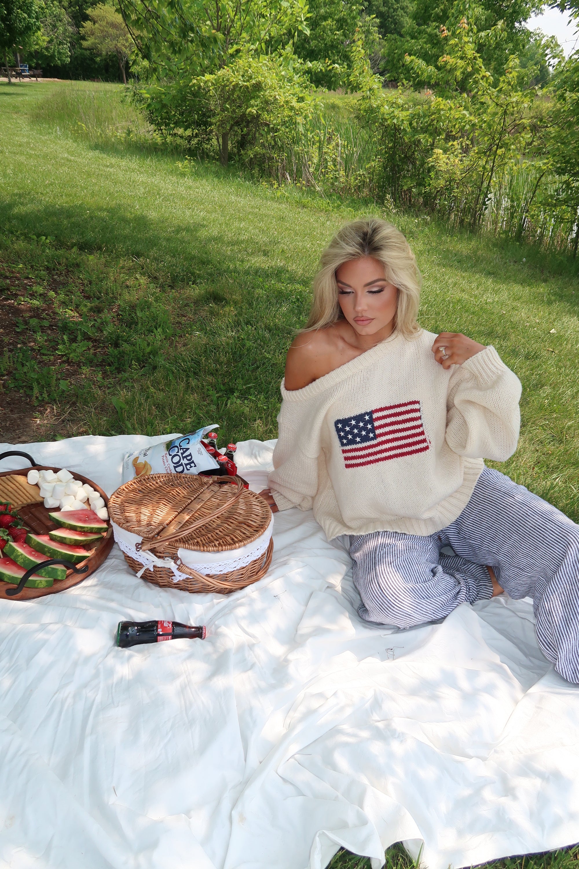 AMERICAN GIRL OFF THE SHOULDER KNIT SWEATER