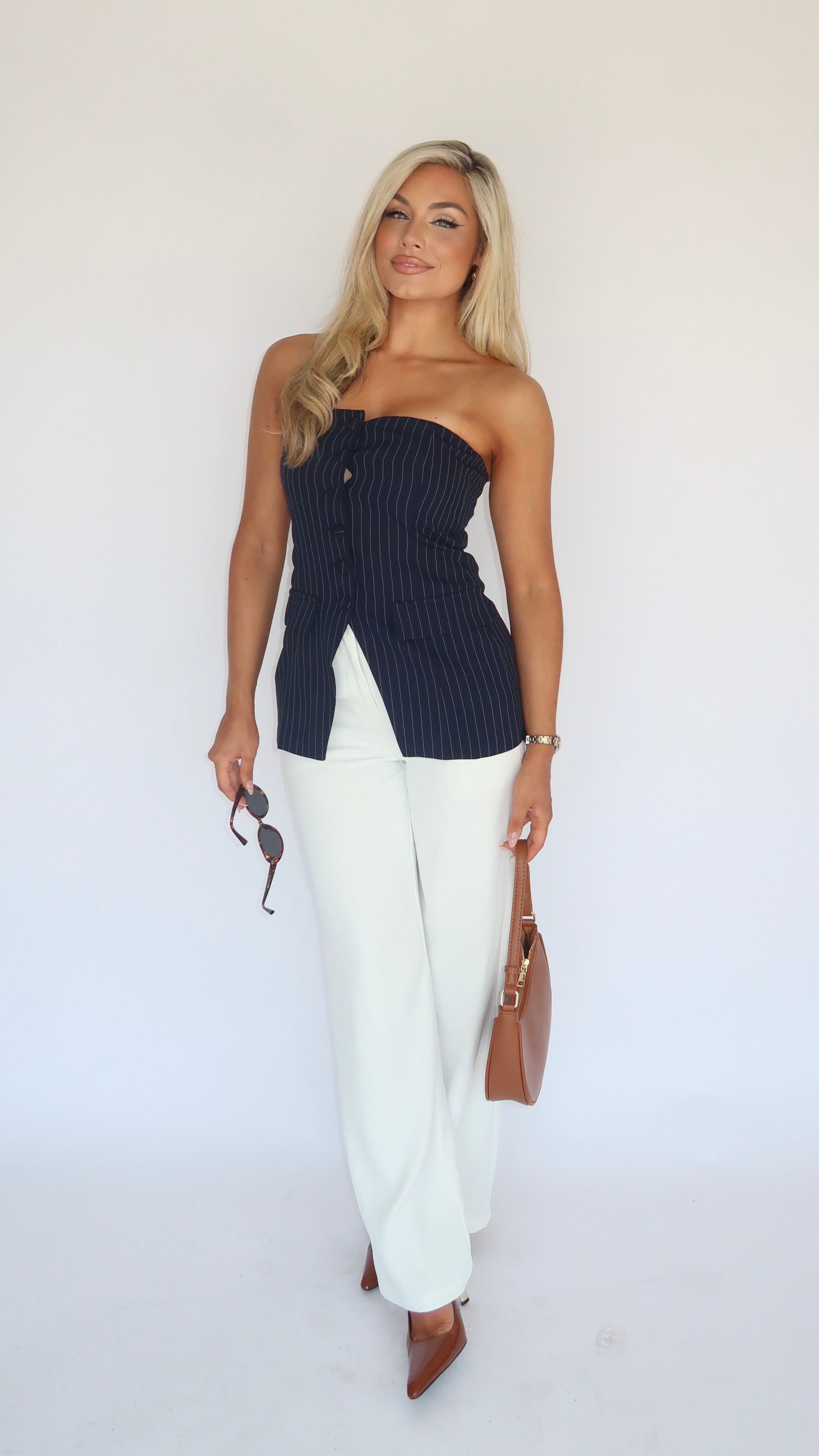 SEACREST STRAPLESS STRIPED TOP NAVY