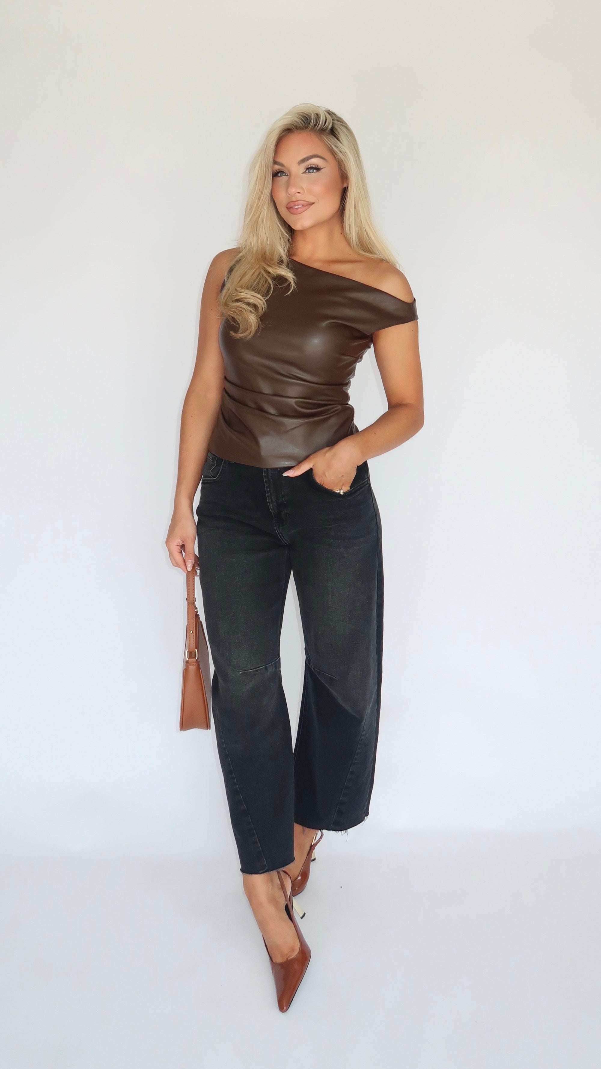 TOFFEE LUXE FAUX LEATHER TOP