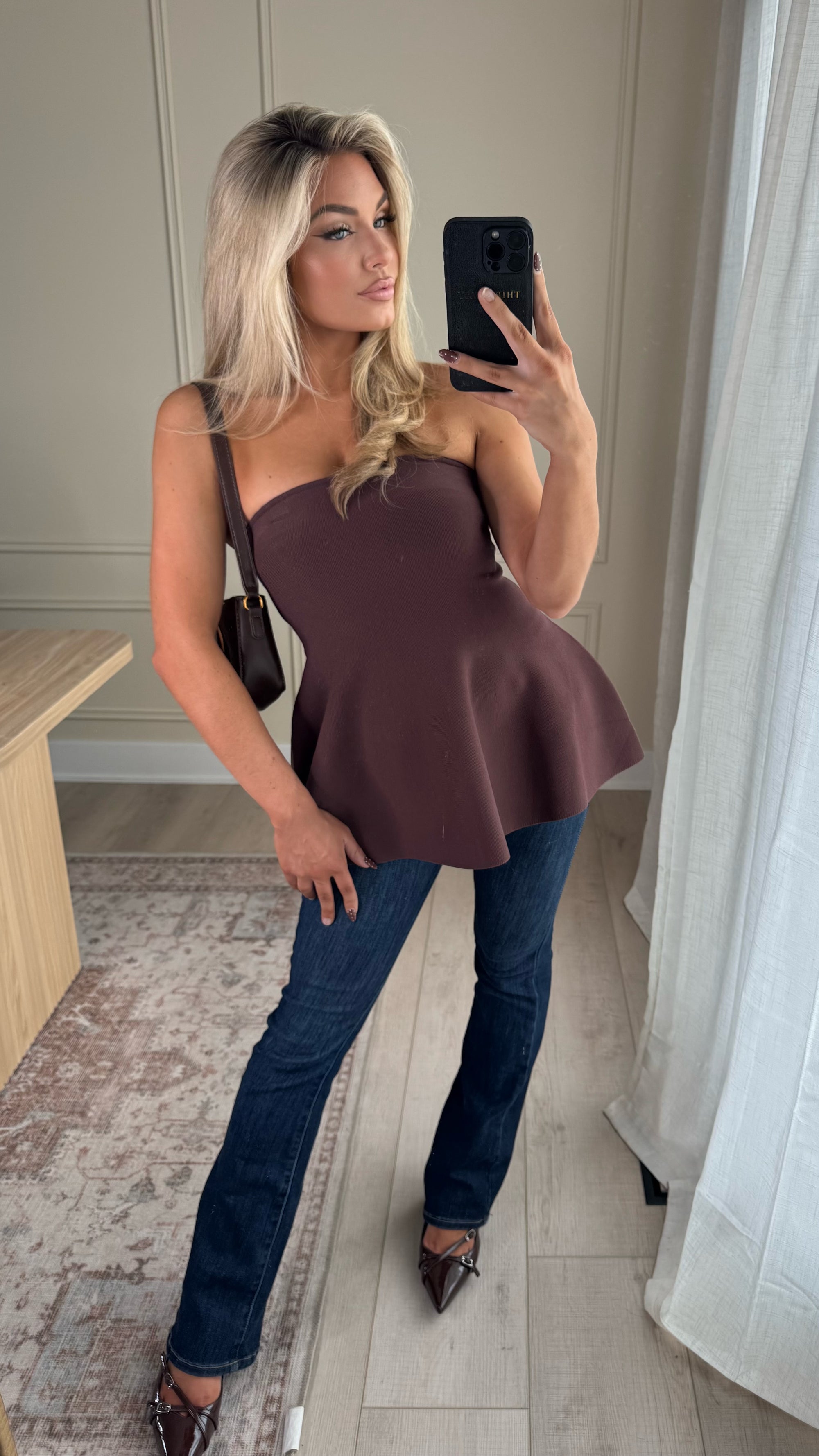 JET STRAPLESS PEPLUM TOP BROWN
