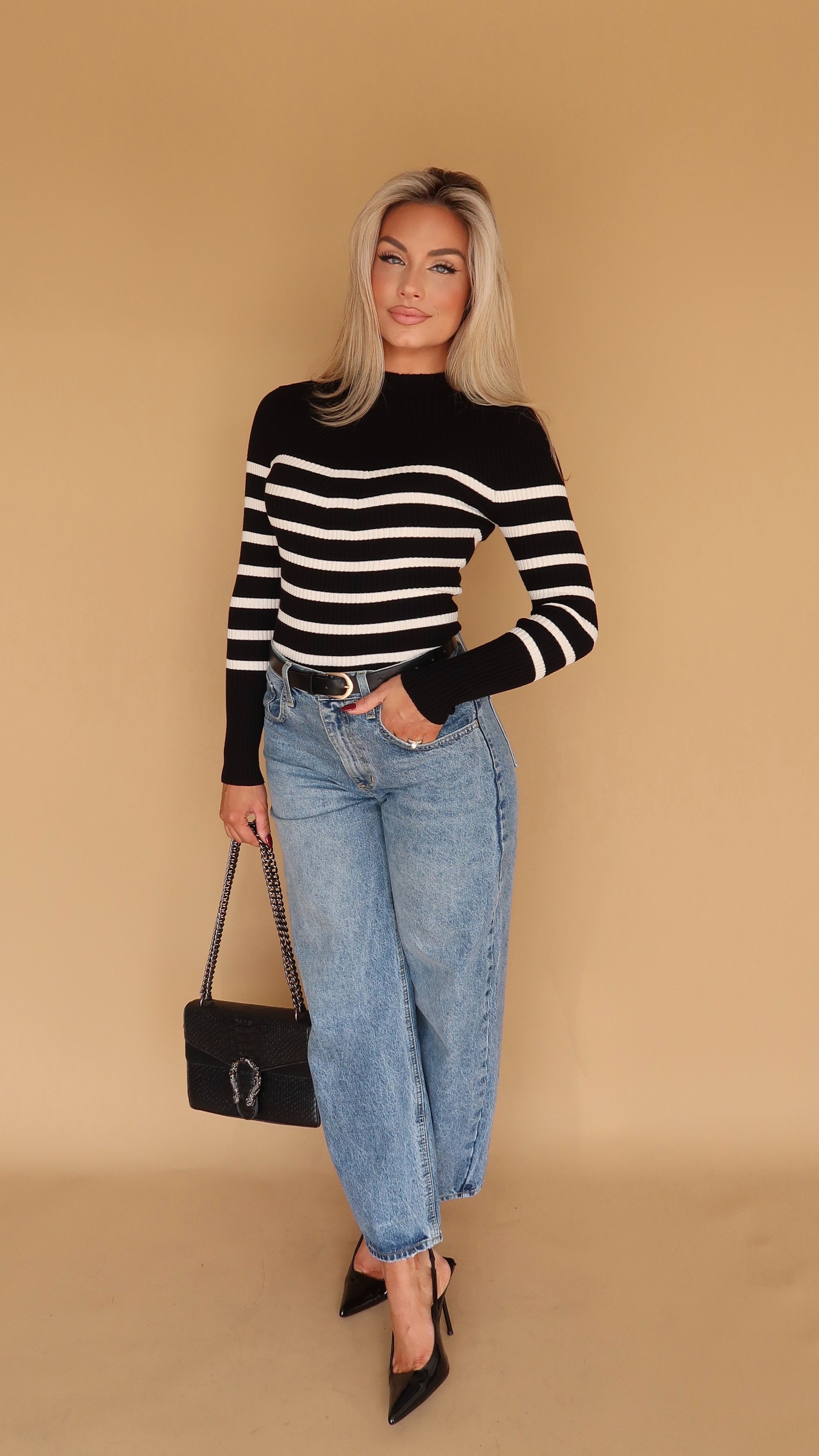 CORE STRIPED MOCK NECK SWEATER TOP BLACK/WHITE